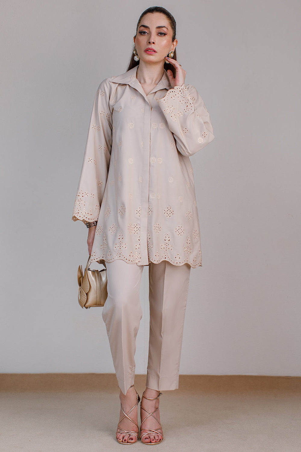Beige Schiffli Co Ord Set - Peach Republic
