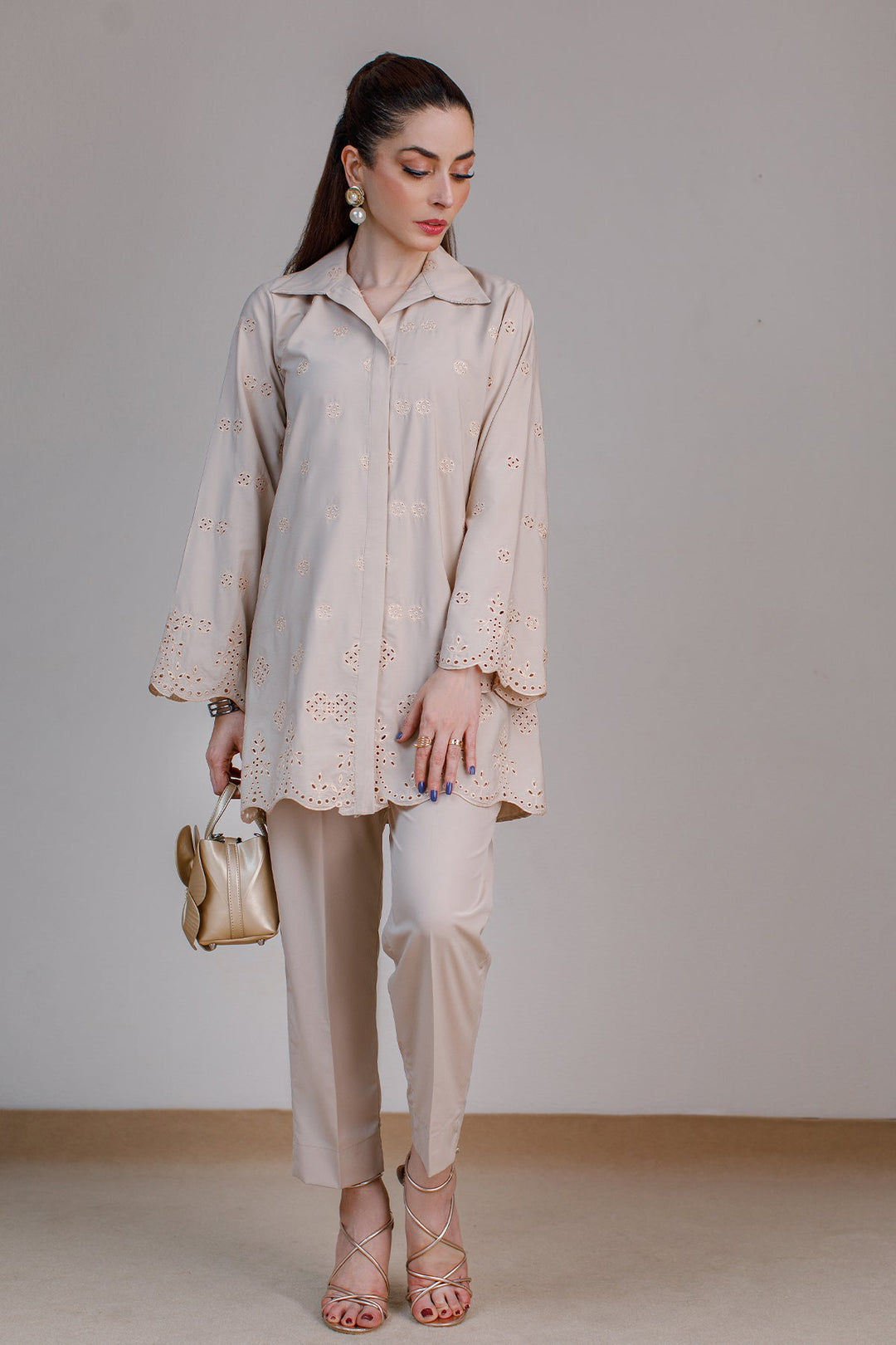 Beige Schiffli Co Ord Set - Peach Republic