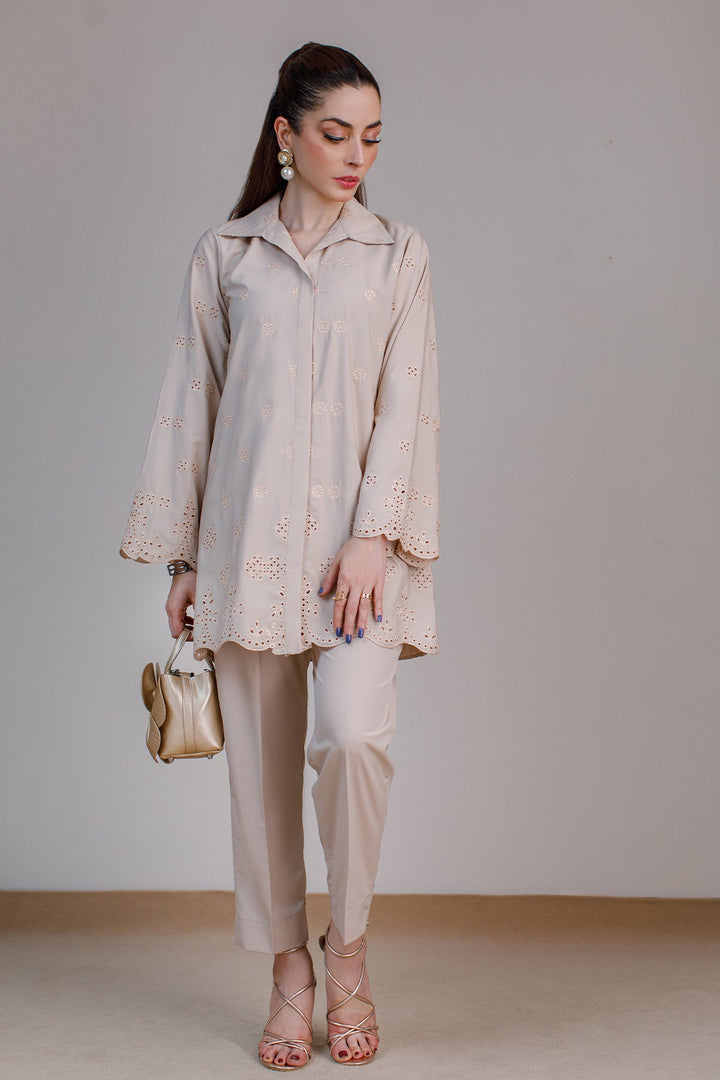 Beige Schiffli Co Ord Set - Peach Republic