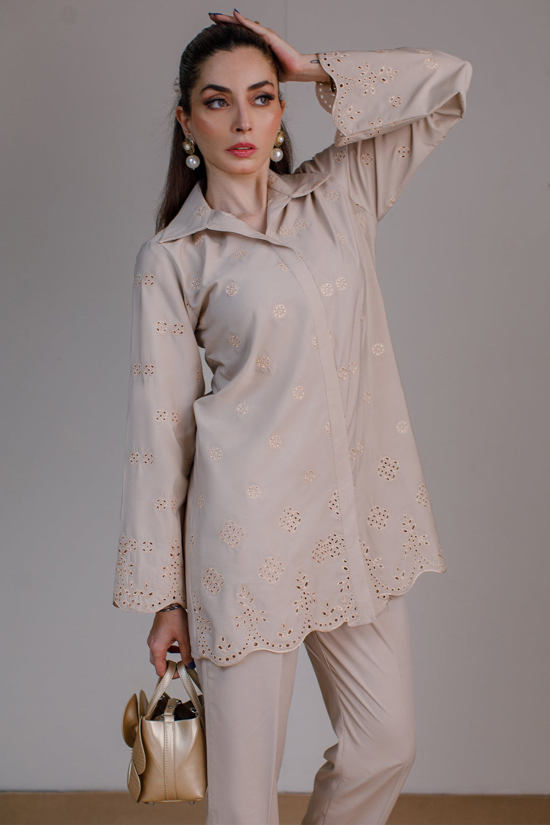 Beige Schiffli Co Ord Set - Peach Republic