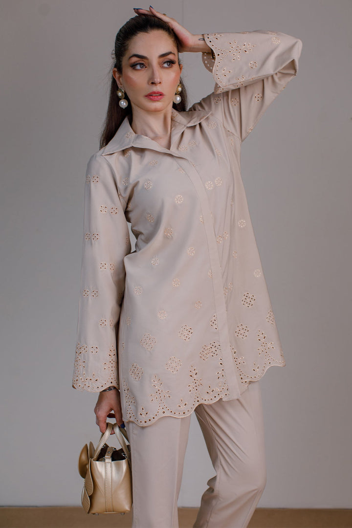 Beige Schiffli Co Ord Set - Peach Republic