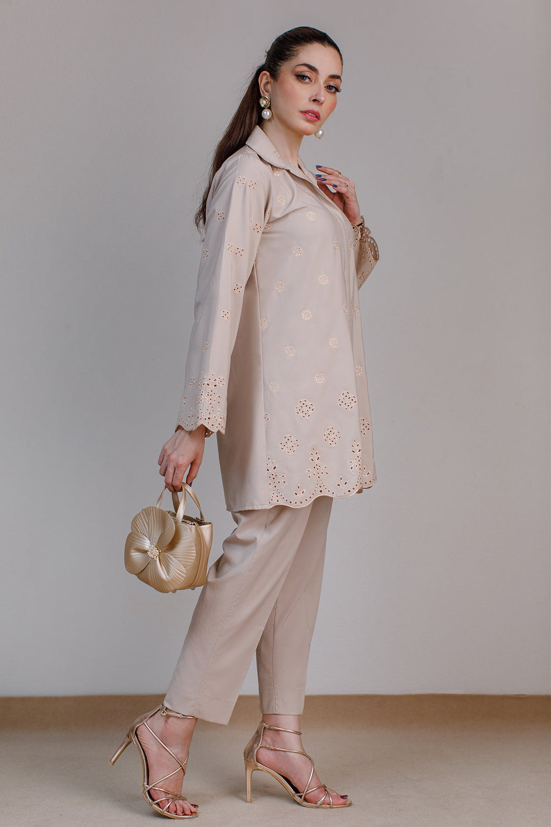 Beige Schiffli Co Ord Set - Peach Republic