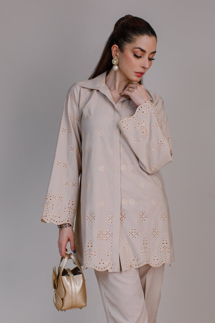 Beige Schiffli Co Ord Set - Peach Republic