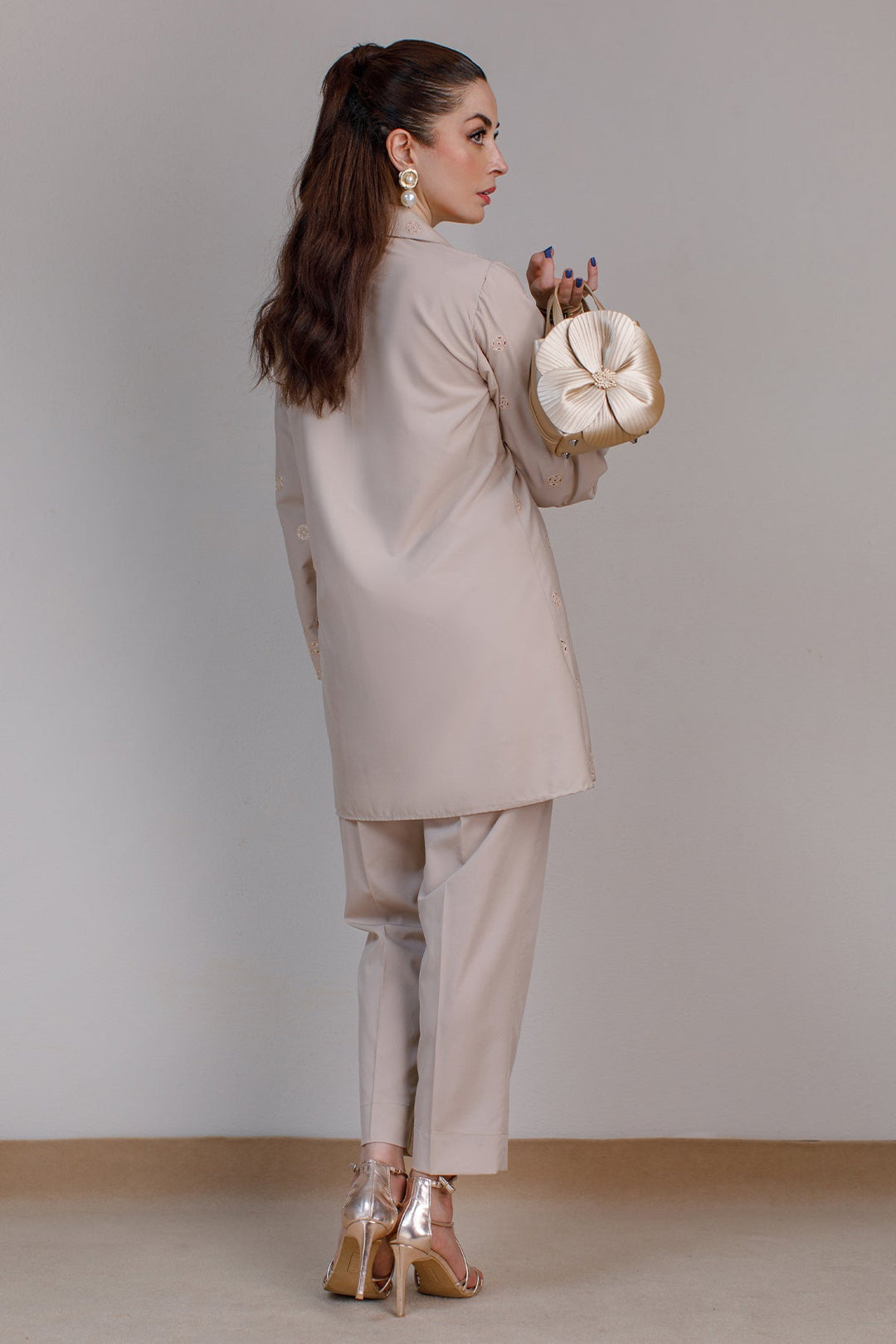 Beige Schiffli Co Ord Set - Peach Republic