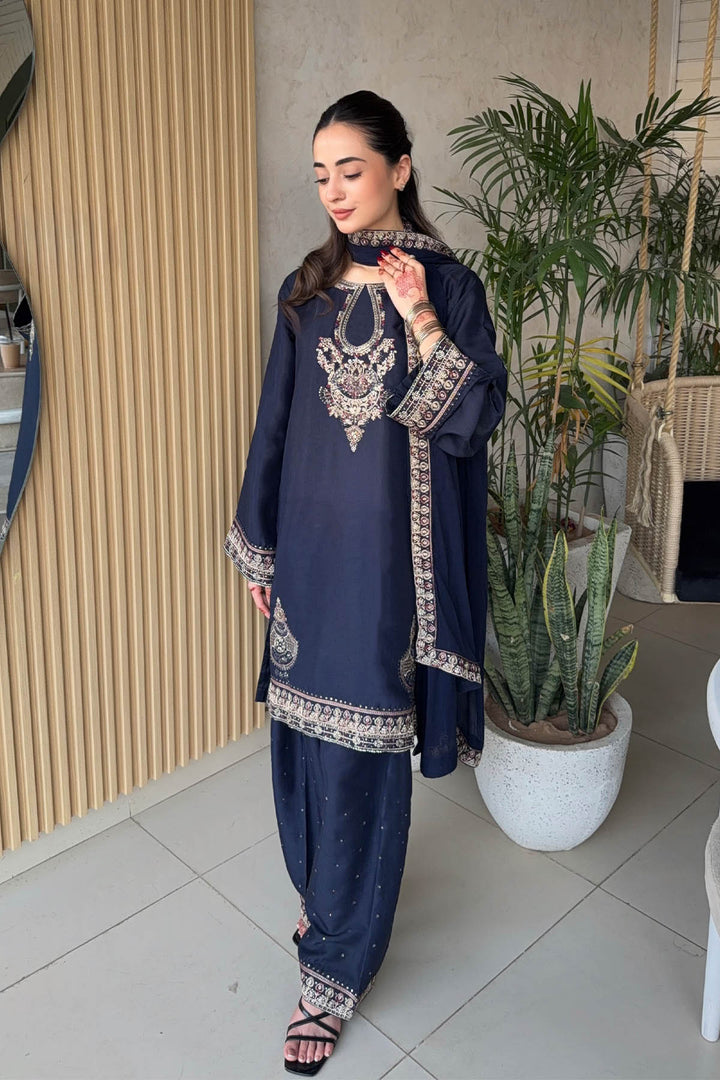 Navy Blue Embroidered 3-Piece Set