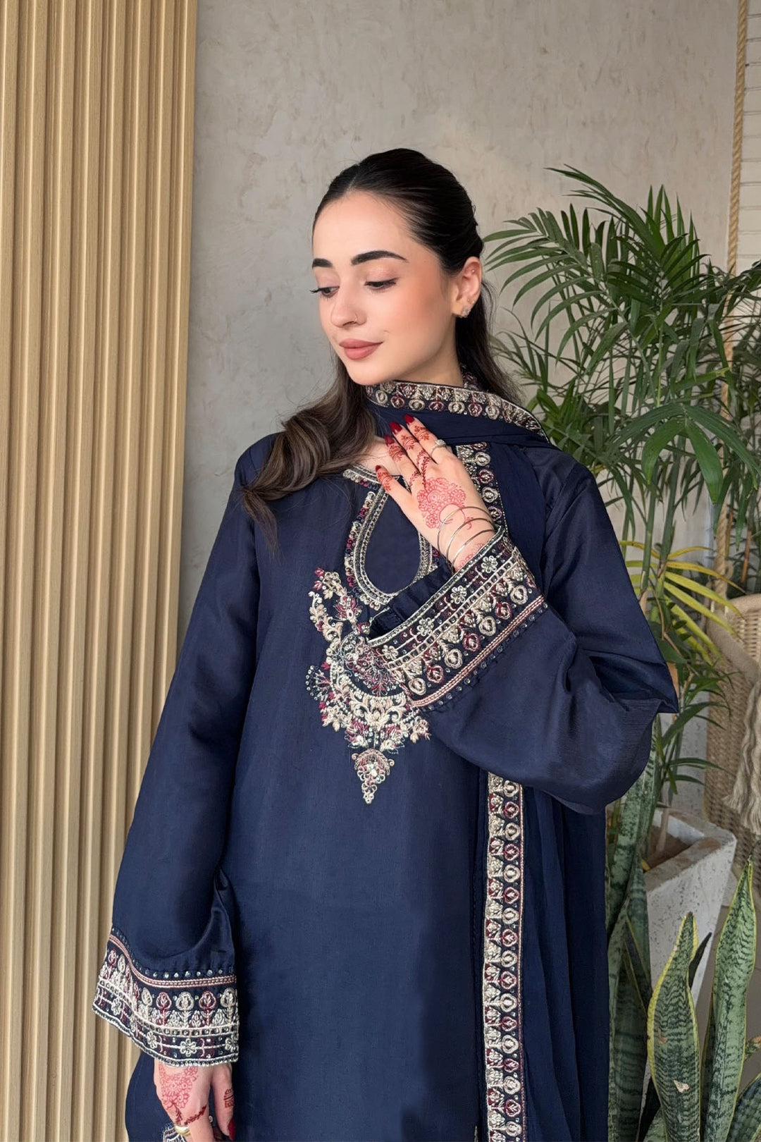 Navy Blue Embroidered 3-Piece Set