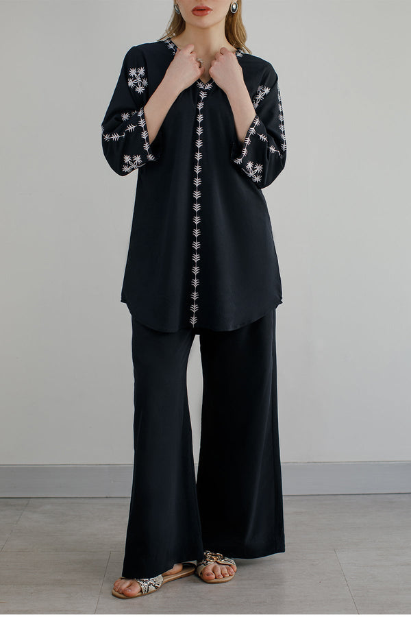 Black Embroidered Co Ord Set - 01 - Peach Republic