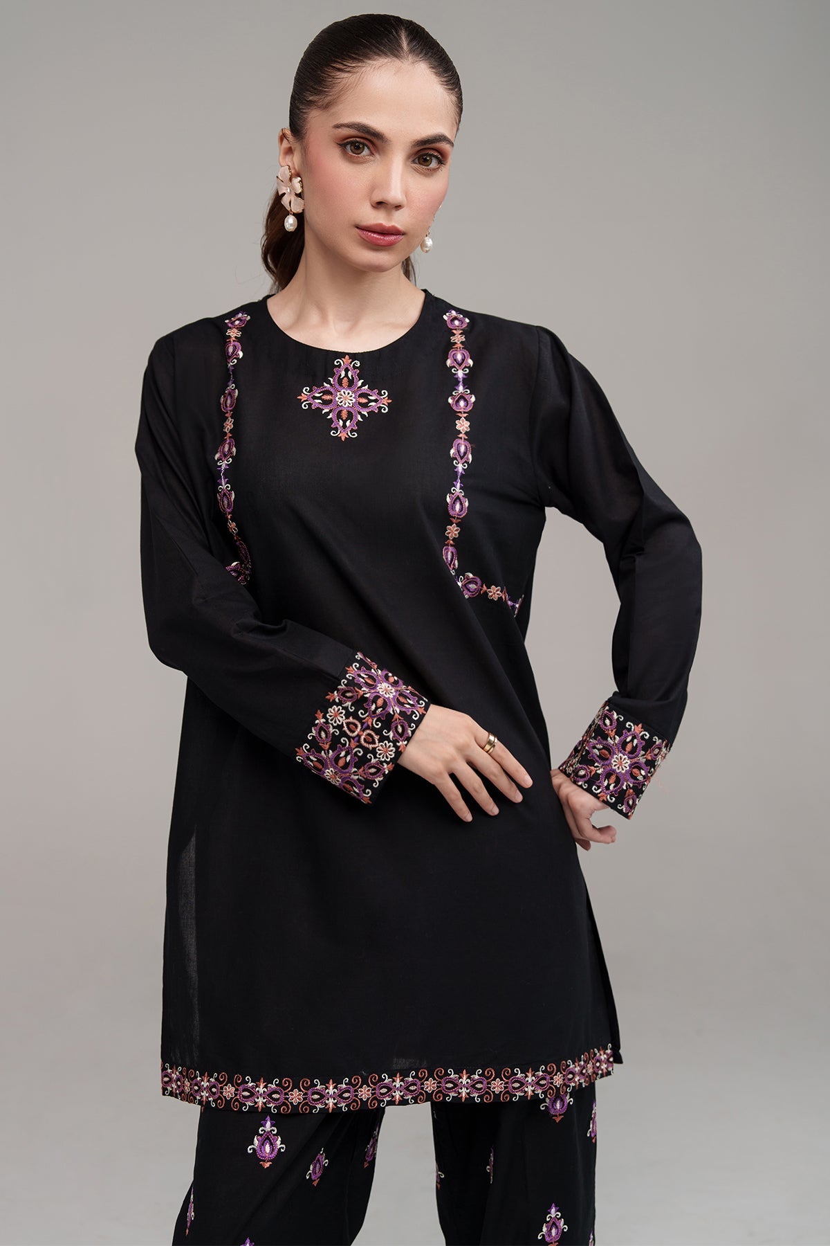 Black Embroidered Co Ord Set - 02 - Peach Republic