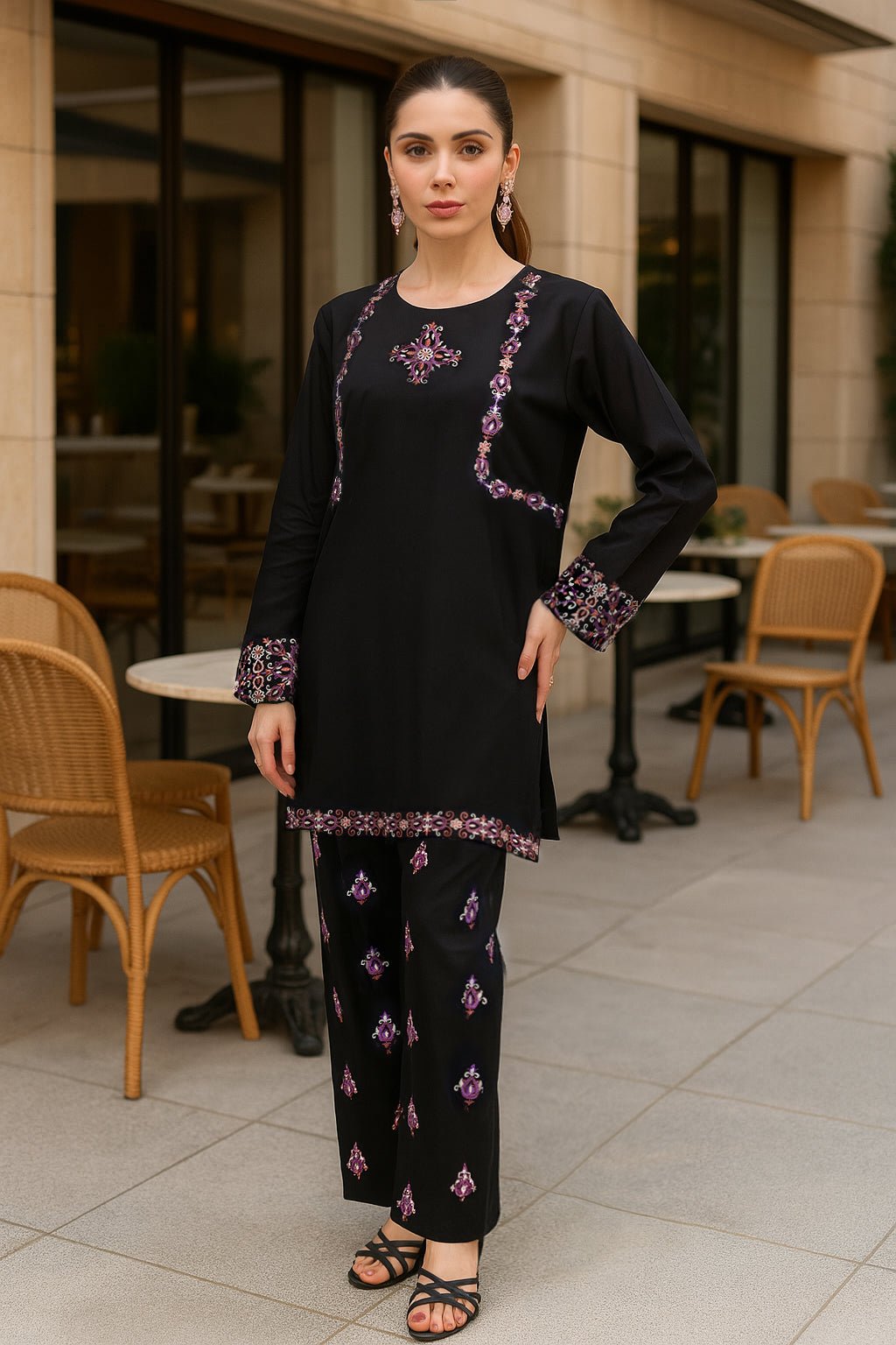 Black Embroidered Co Ord Set - 02 - Peach Republic