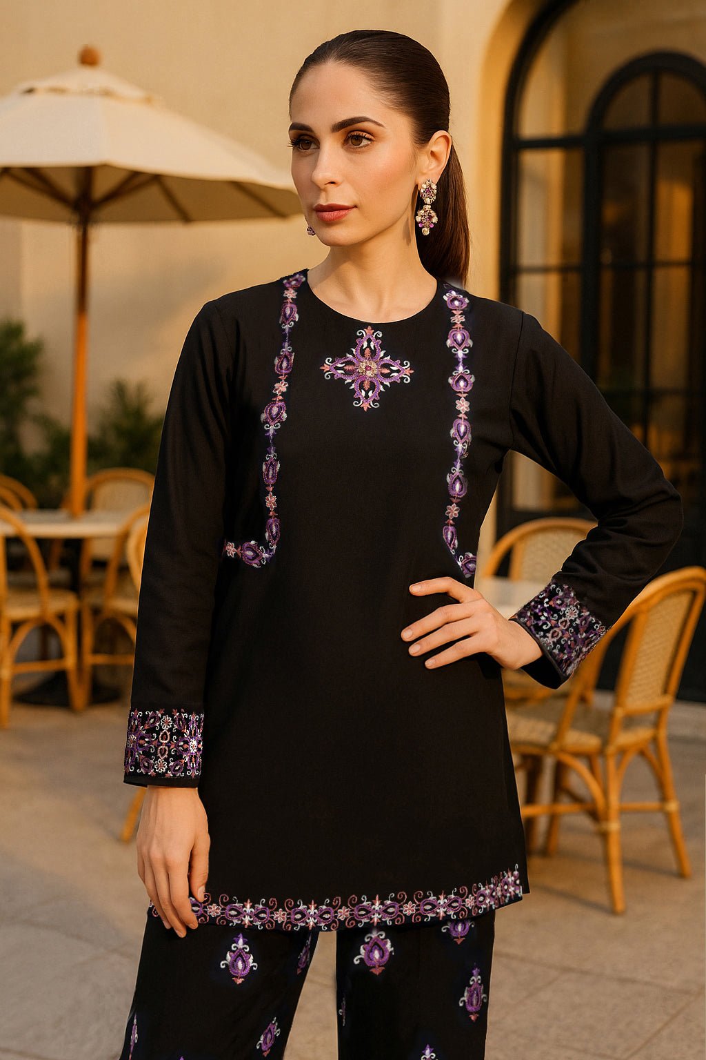 Black Embroidered Co Ord Set - 02 - Peach Republic