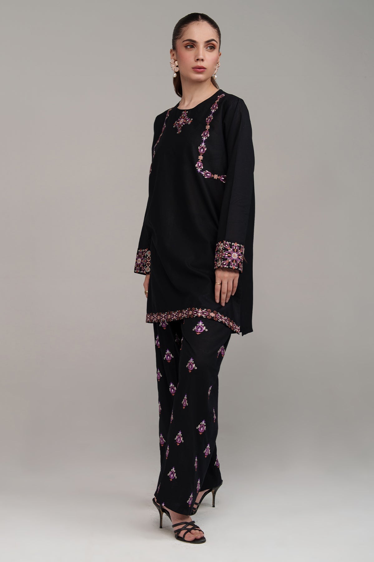 Black Embroidered Co Ord Set - 02 - Peach Republic