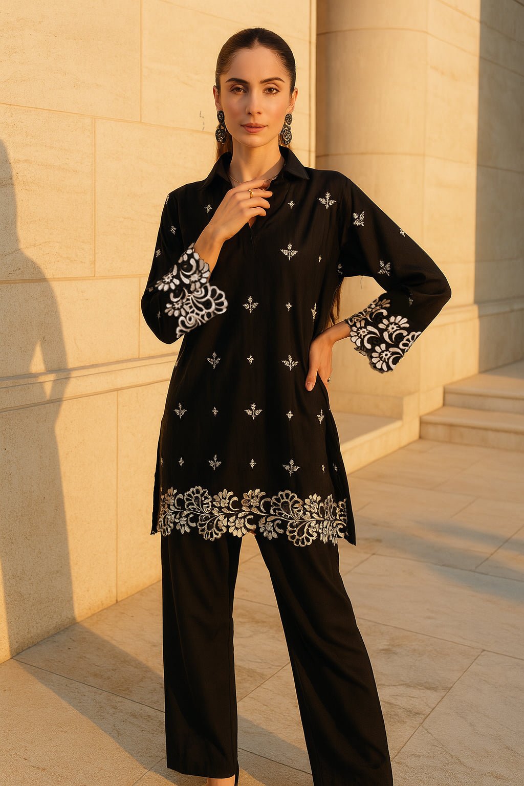 Black Embroidered Co Ord Set - Peach Republic