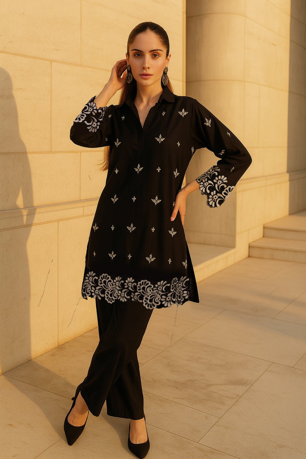 Black Embroidered Co Ord Set - Peach Republic