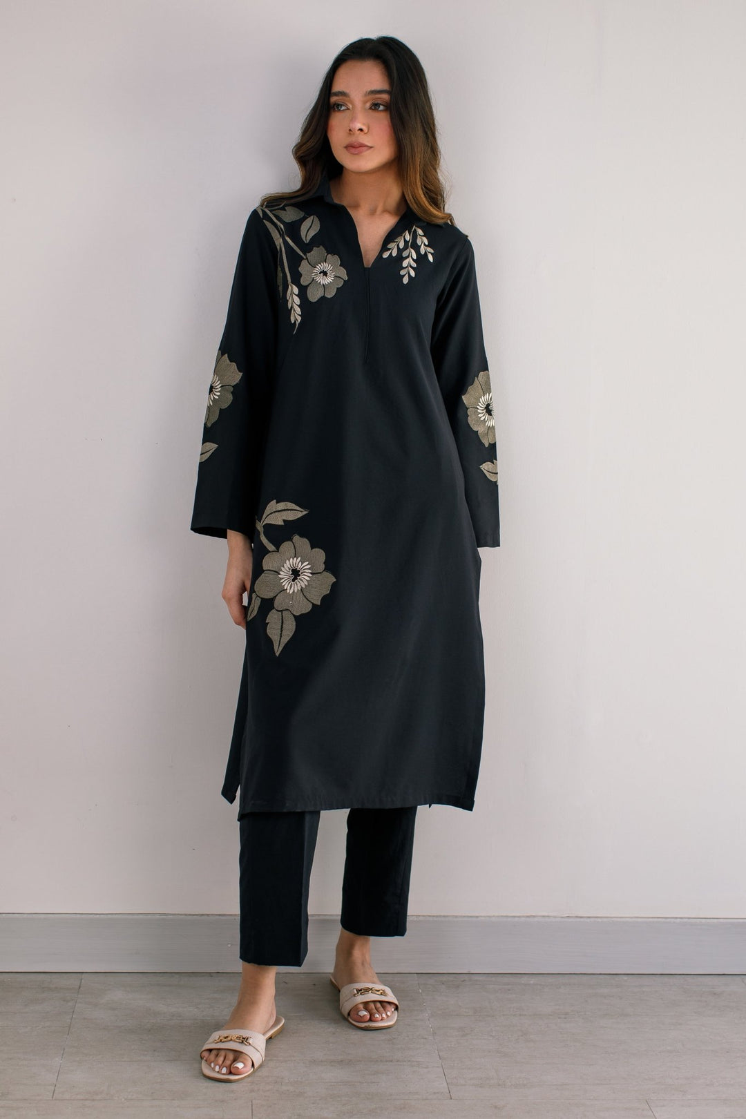 Black Embroidered Dress - Peach Republic