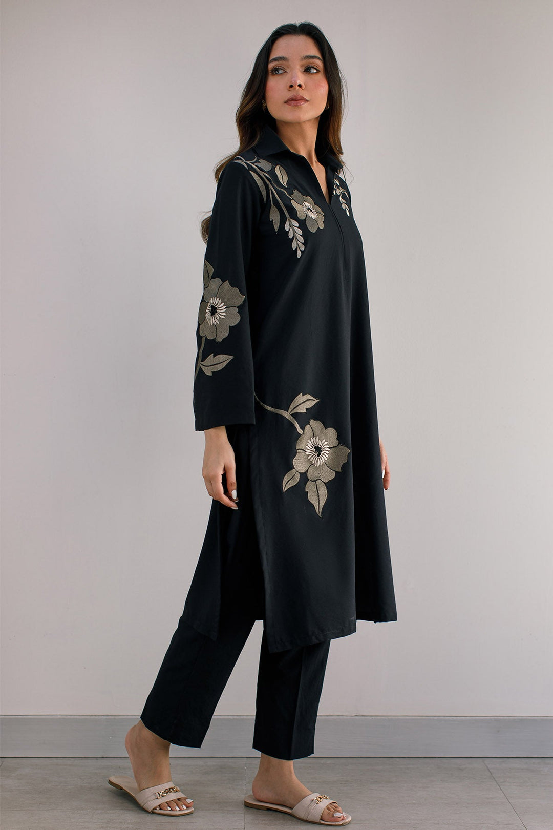 Black Embroidered Dress - Peach Republic