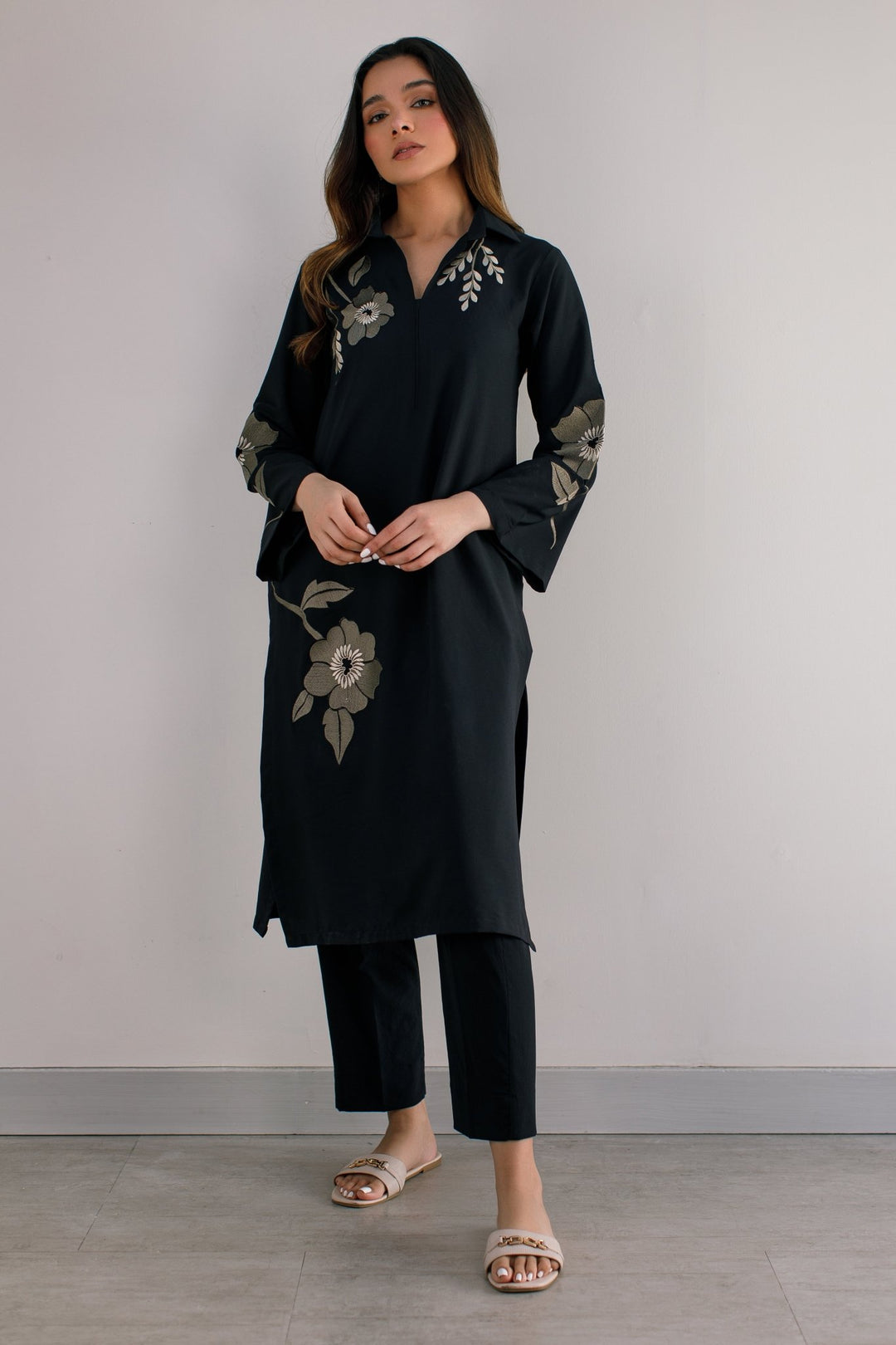Black Embroidered Dress - Peach Republic