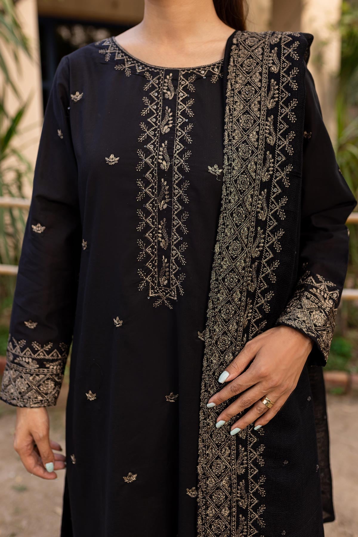 Black Embroidered Suit - Peach Republic