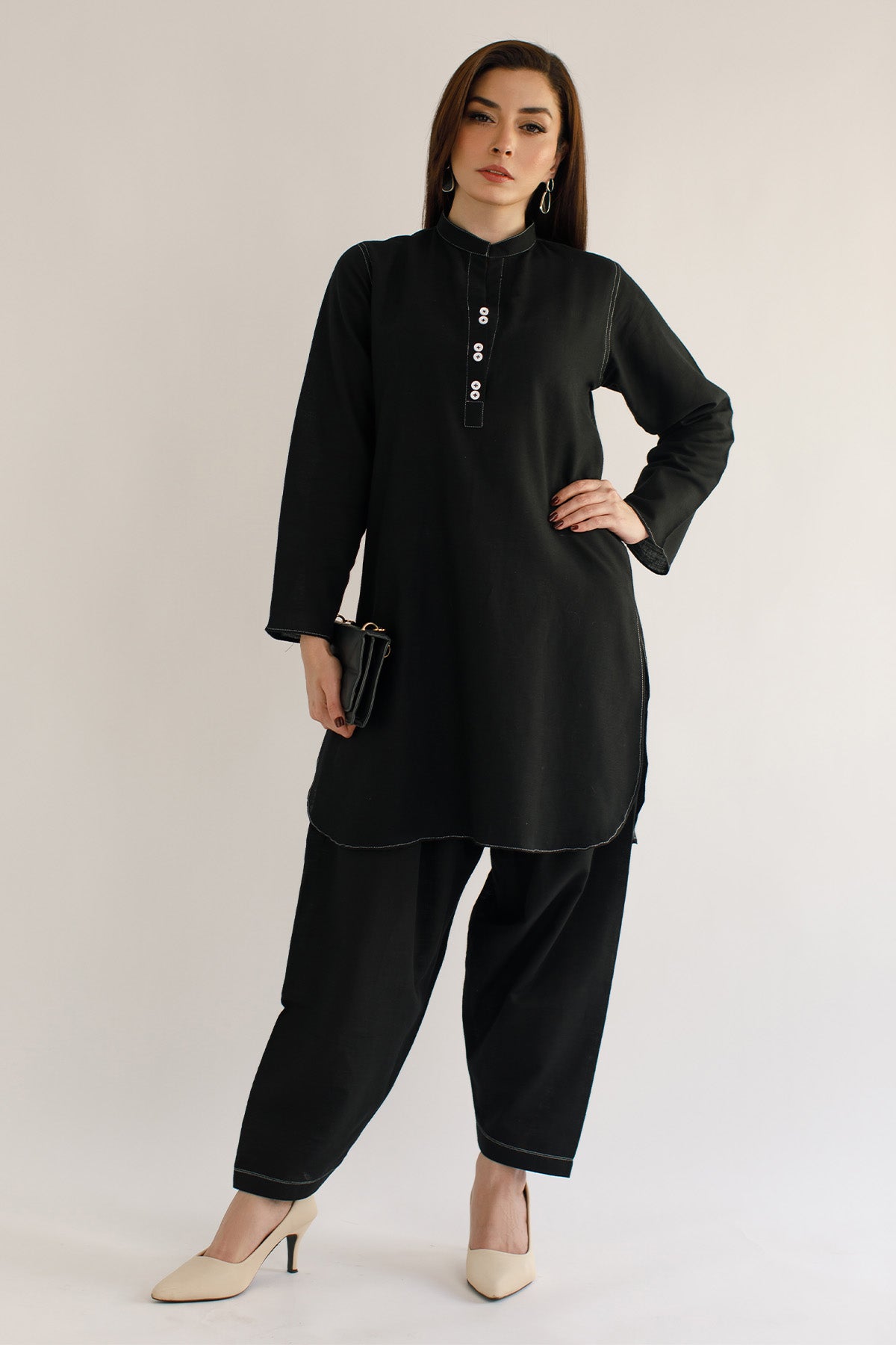 black Khaddar Dress - 01 - Peach Republic