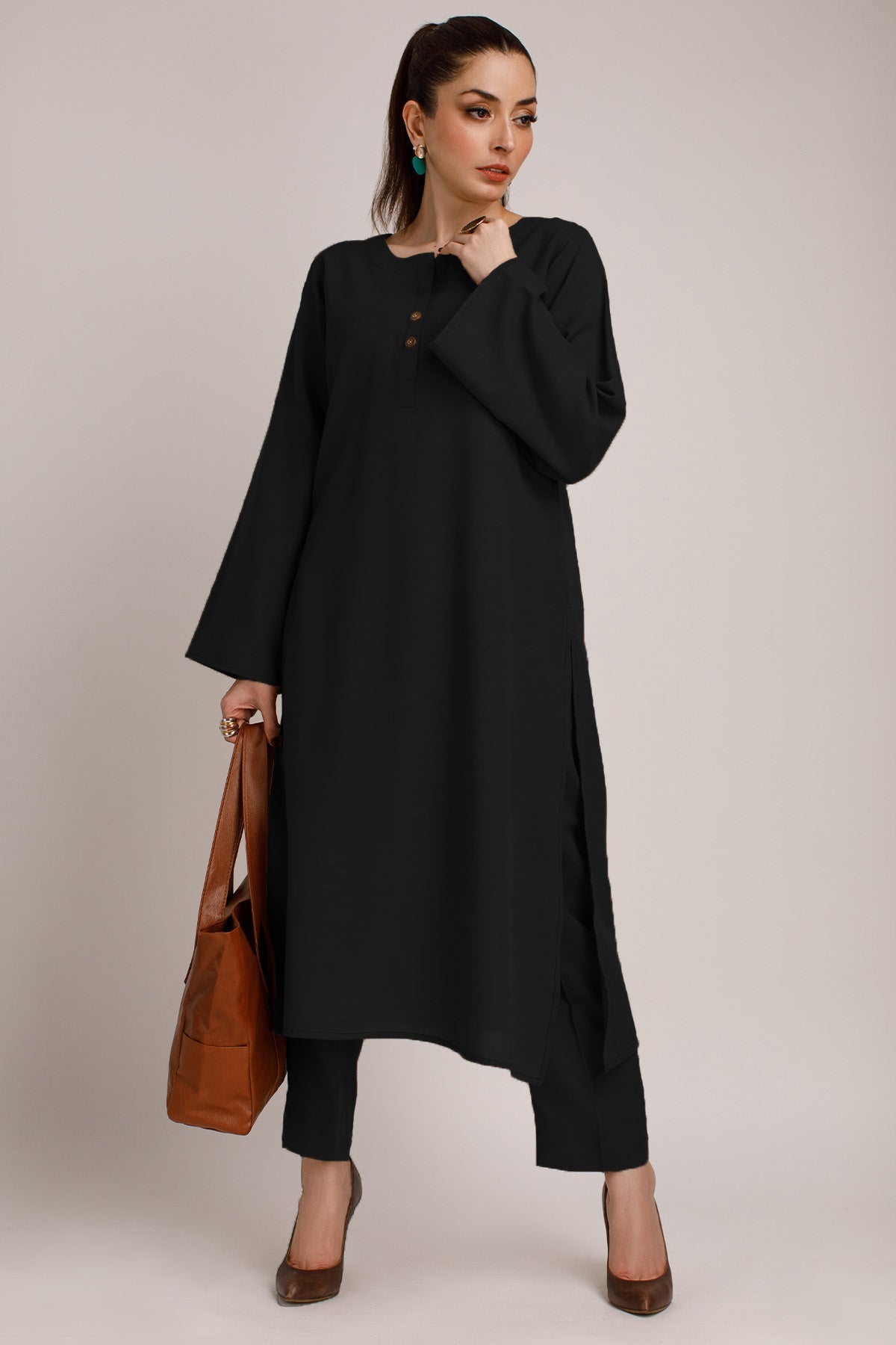 Black Khaddar Dress - 05 - Peach Republic