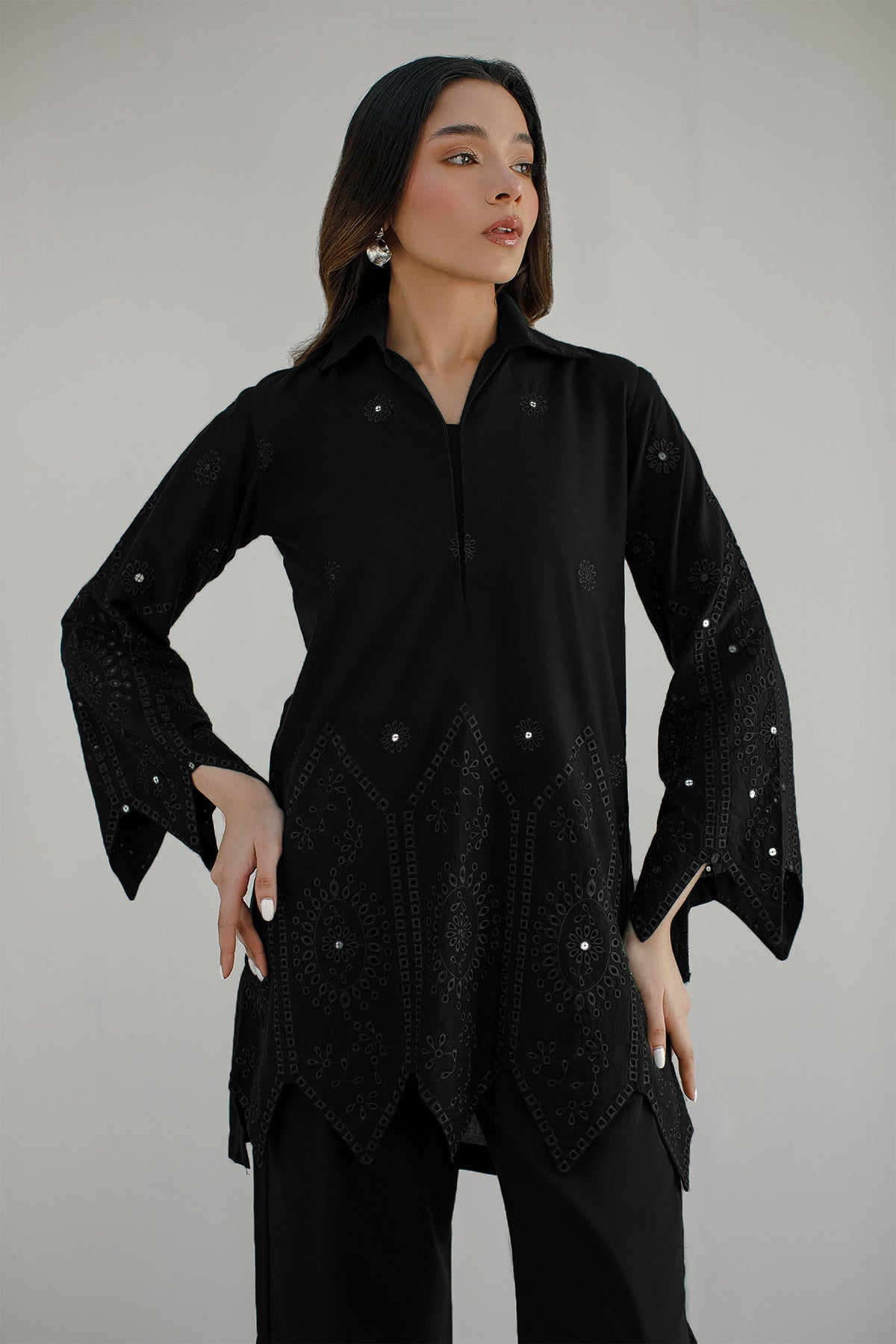 Black Schiffli Co Ord Set - 020 - Peach Republic