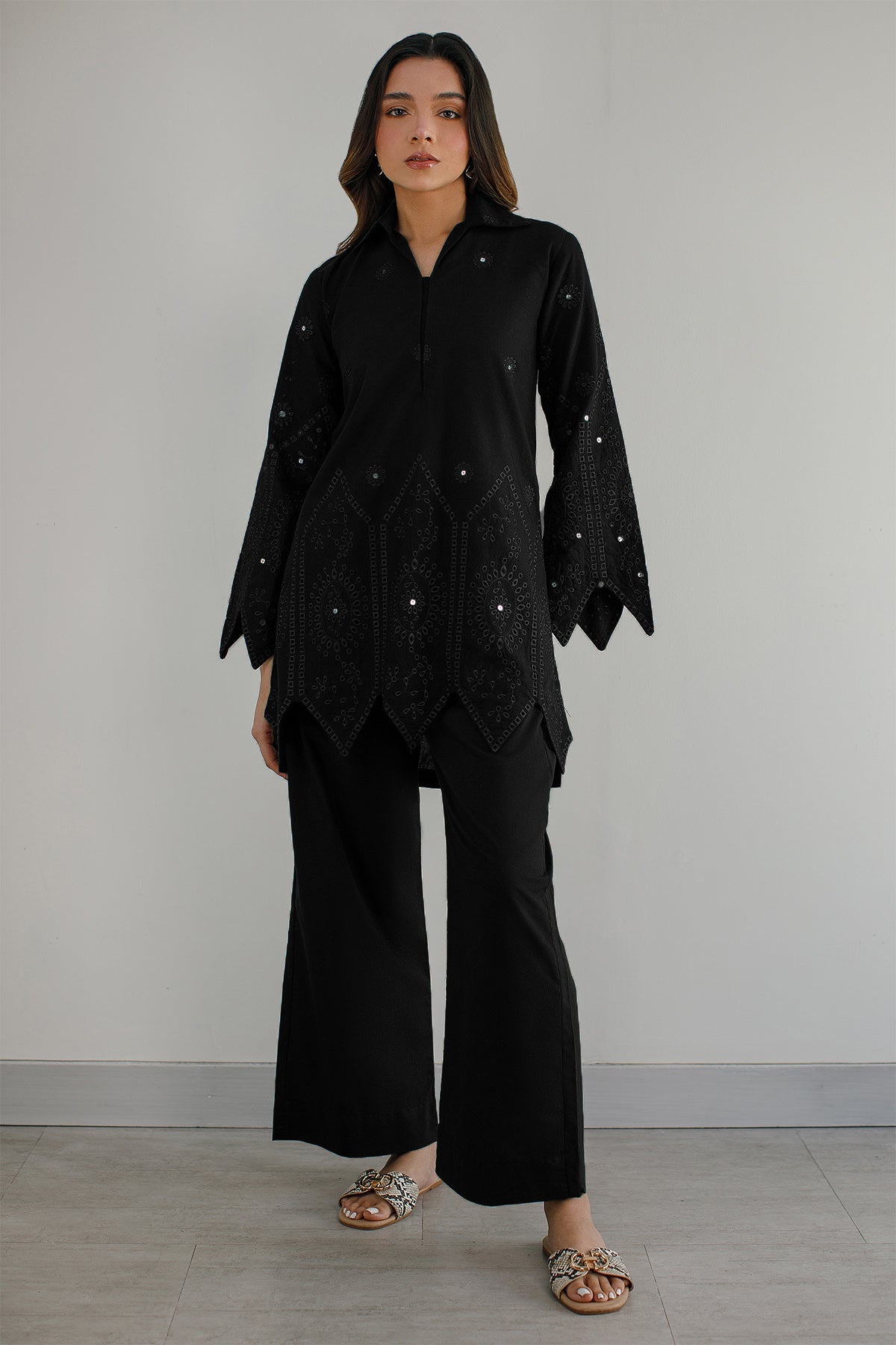 Black Schiffli Co Ord Set - 020 - Peach Republic