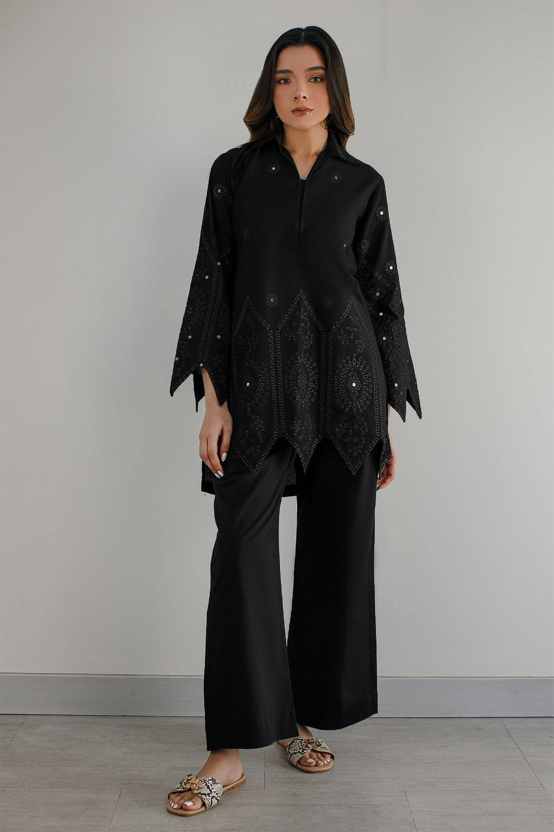 Black Schiffli Co Ord Set - 020 - Peach Republic