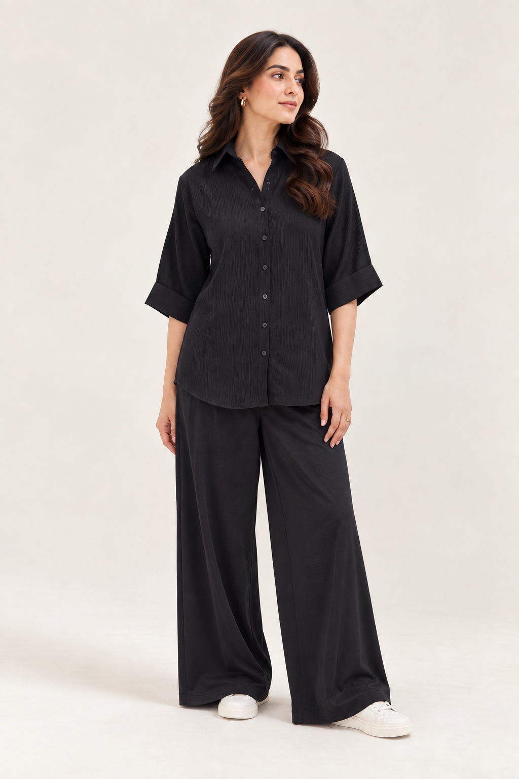 Black wrinkle crepe top front view