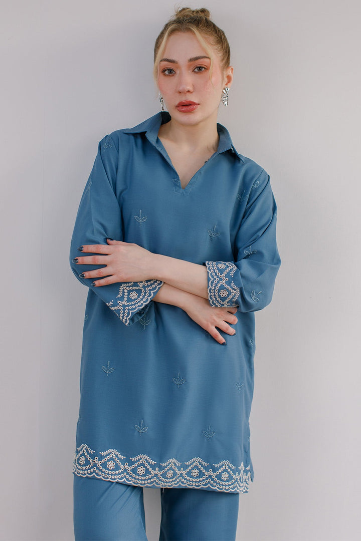 Blue Embroidered Co Ord Set - Peach Republic