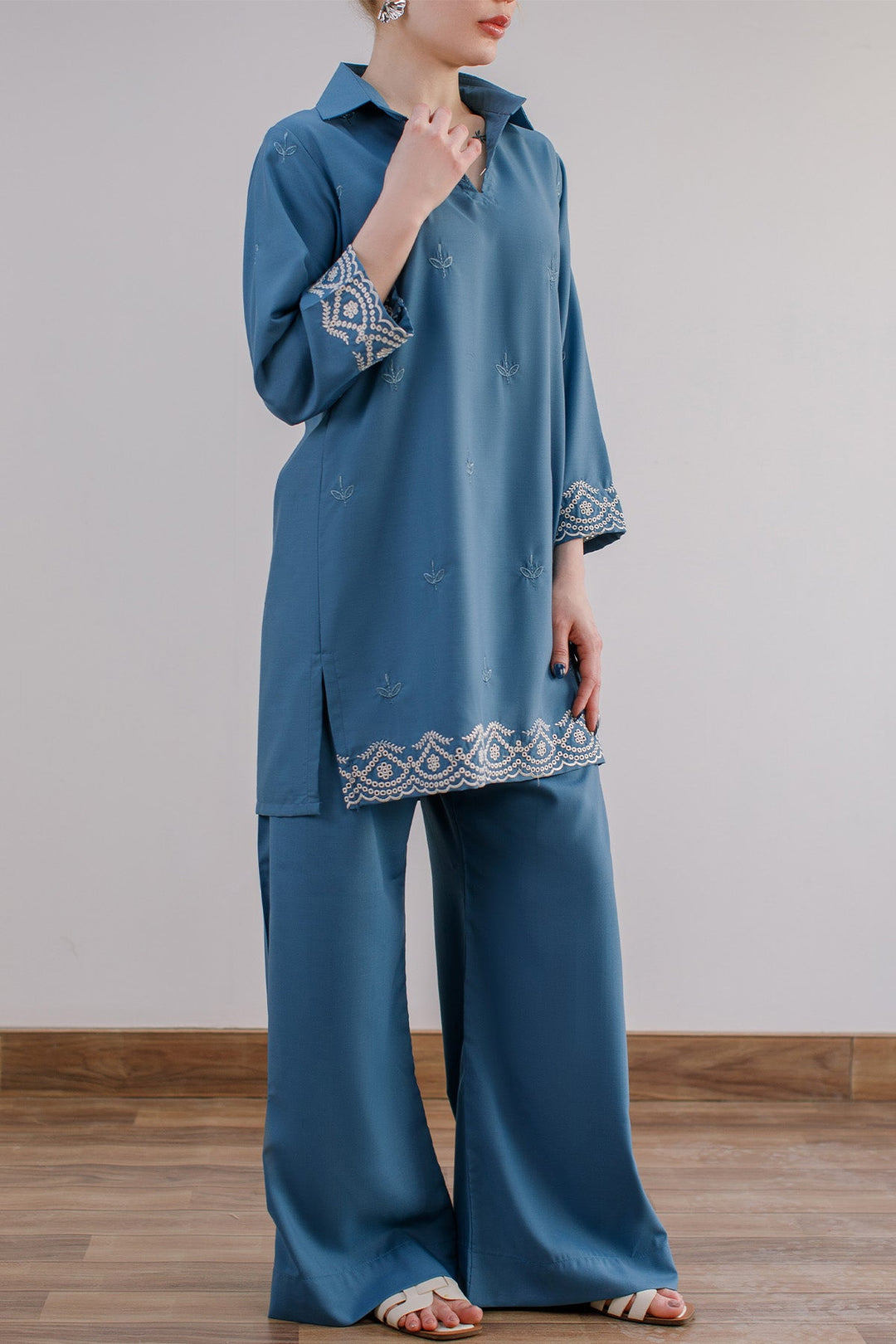 Blue Embroidered Co Ord Set - Peach Republic