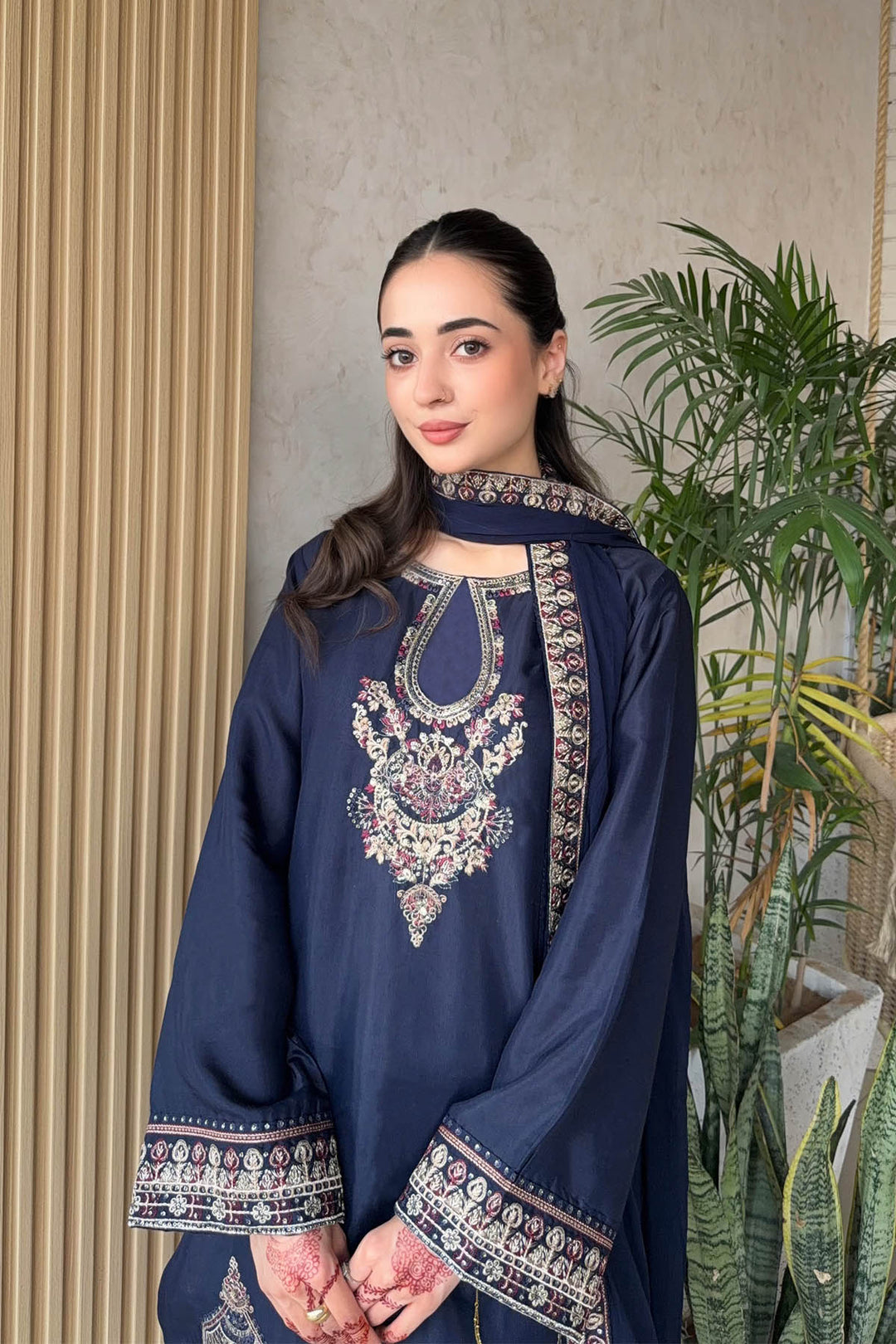 Navy Blue Embroidered 3-Piece Set