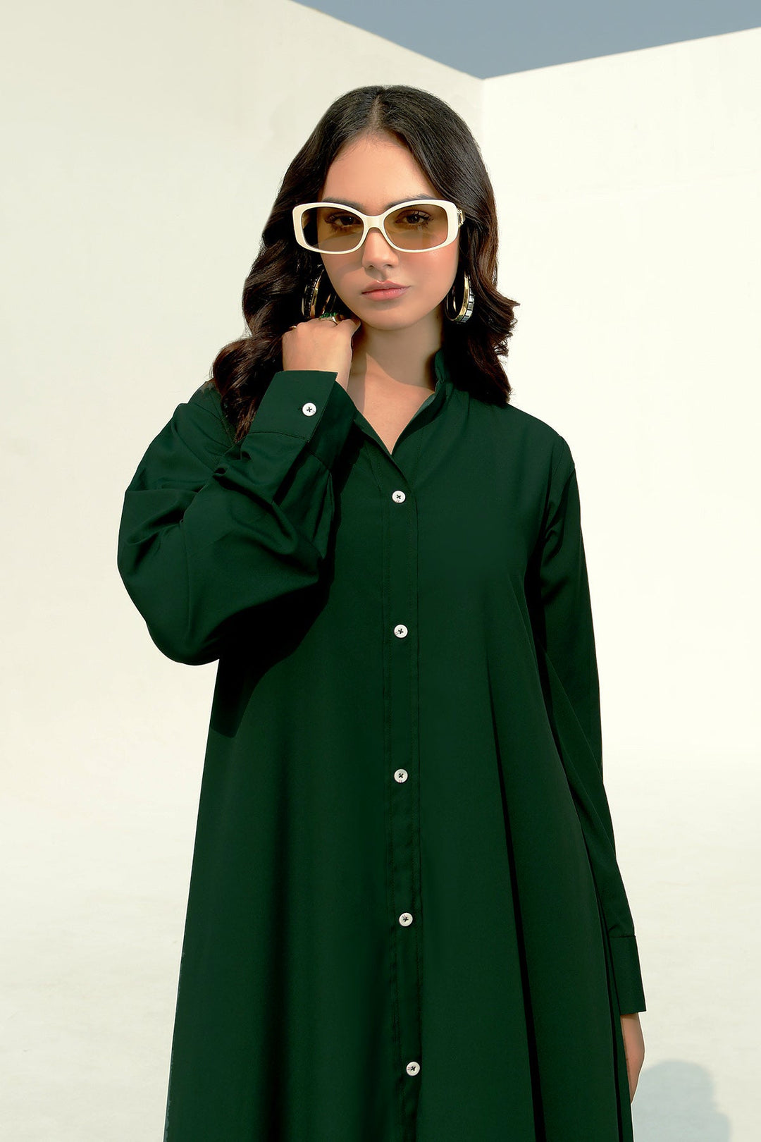 Bottle Green Buttoned A-Line Dress - Peach Republic