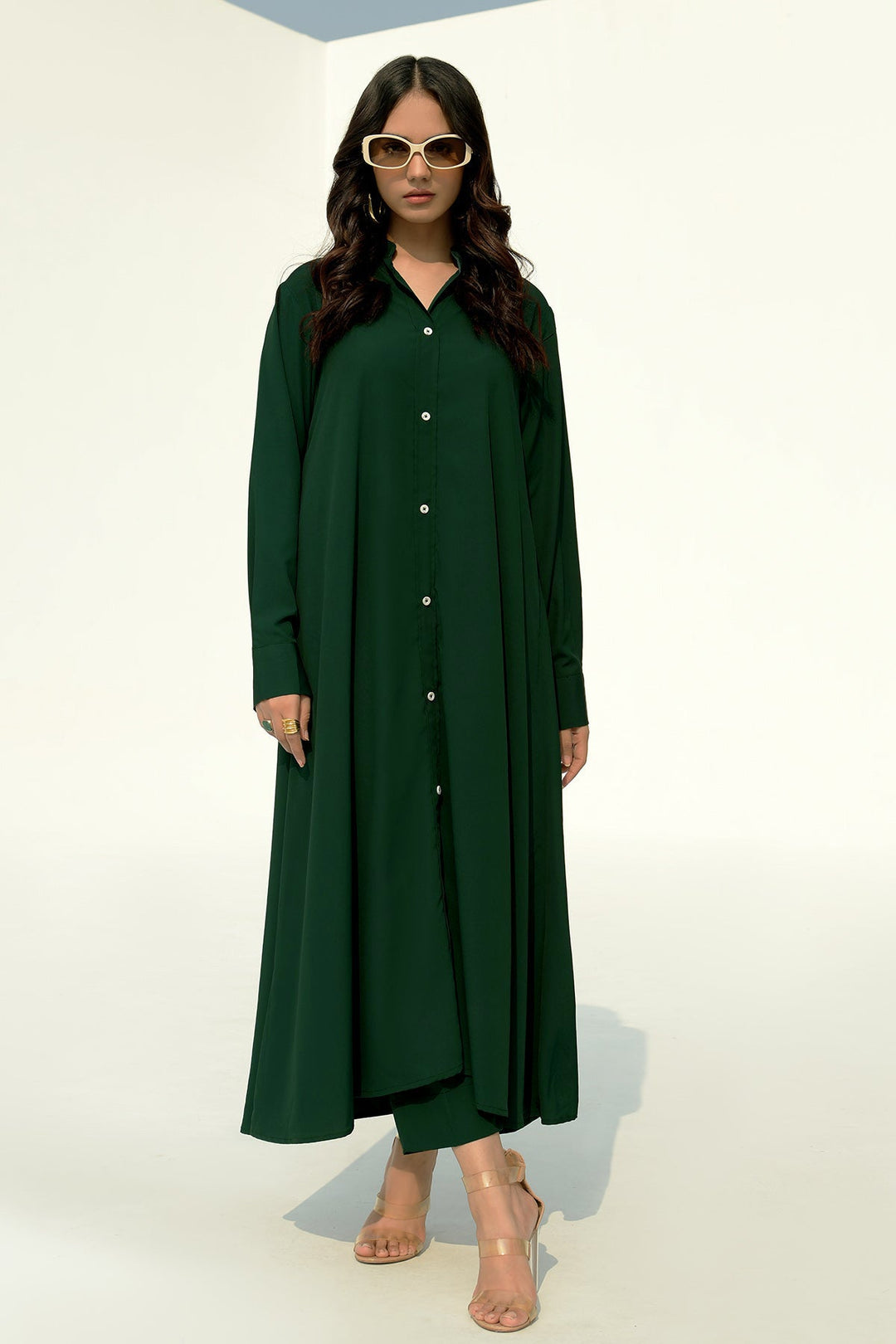 Bottle Green Buttoned A-Line Dress - Peach Republic