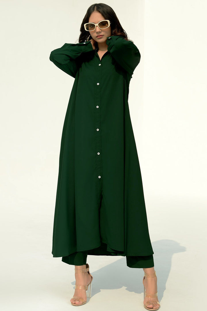 Bottle Green Buttoned A-Line Dress - Peach Republic