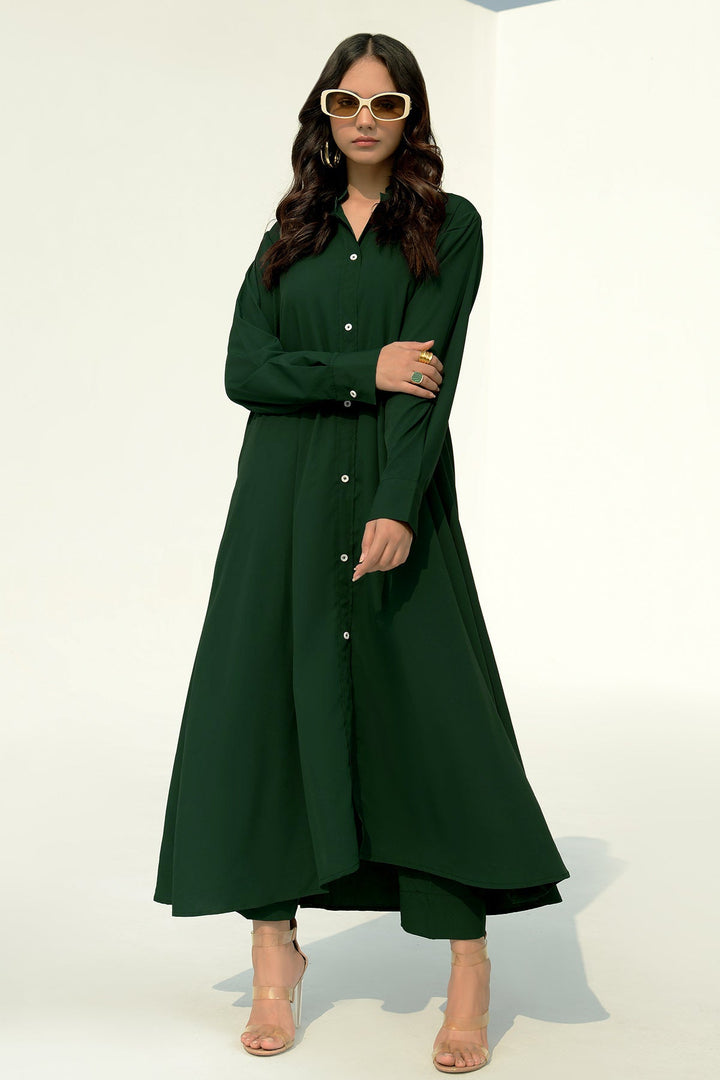 Bottle Green Buttoned A-Line Dress - Peach Republic