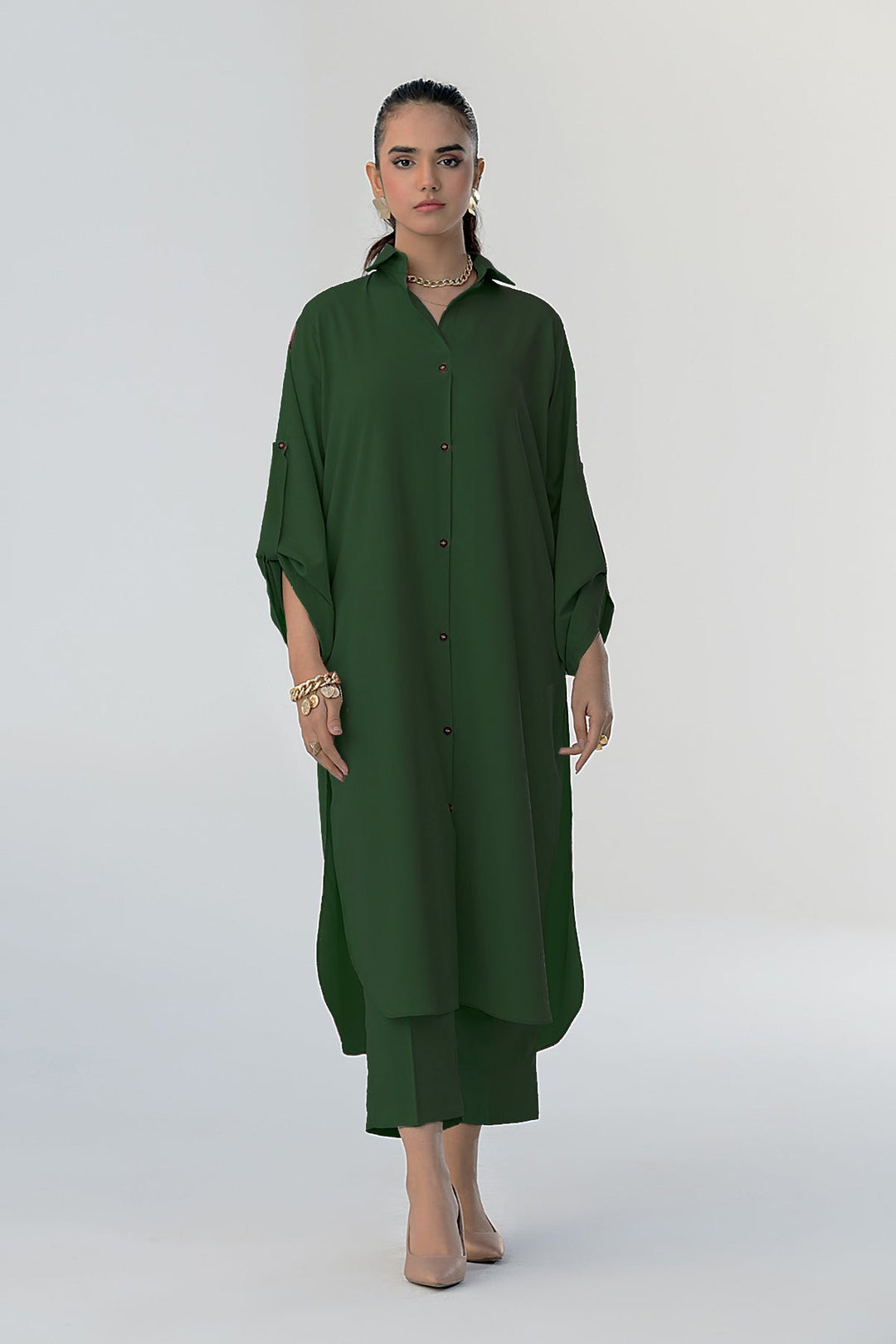 Bottle Green Buttoned Down Grip Dress - Peach Republic