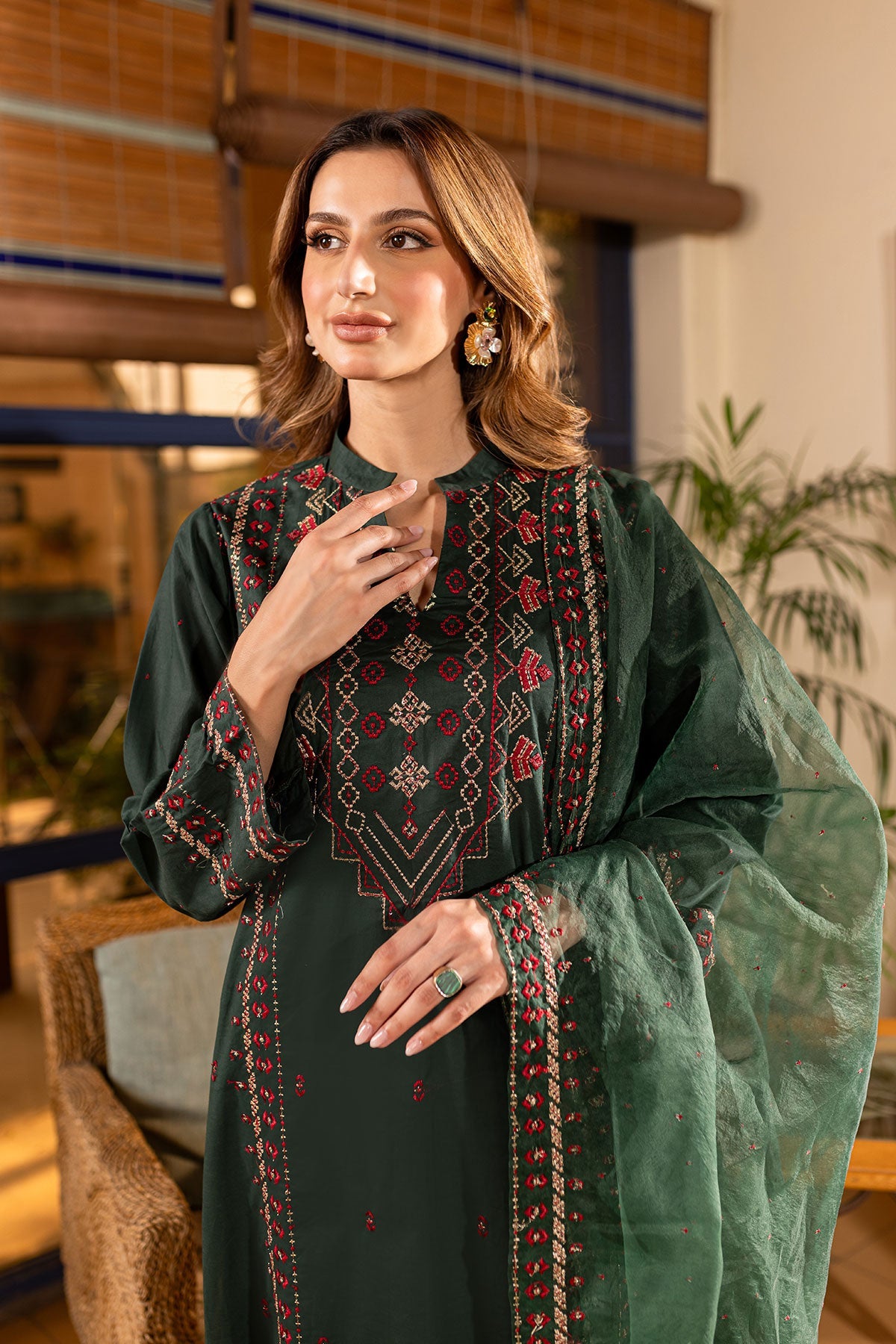 Bottle Green Embroidered Suit - Peach Republic