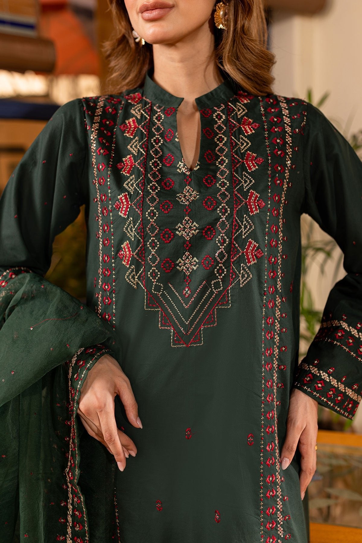 Bottle Green Embroidered Suit - Peach Republic