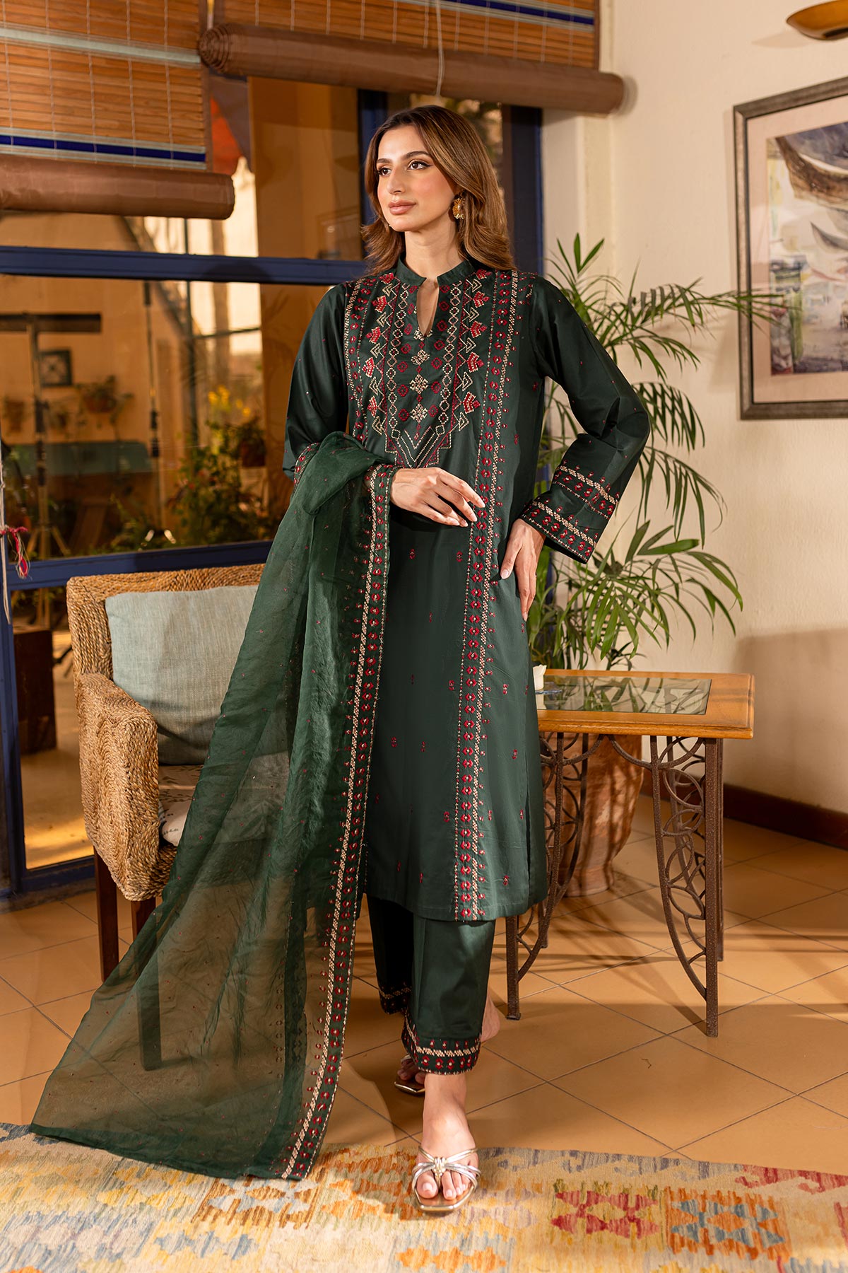 Bottle Green Embroidered Suit - Peach Republic