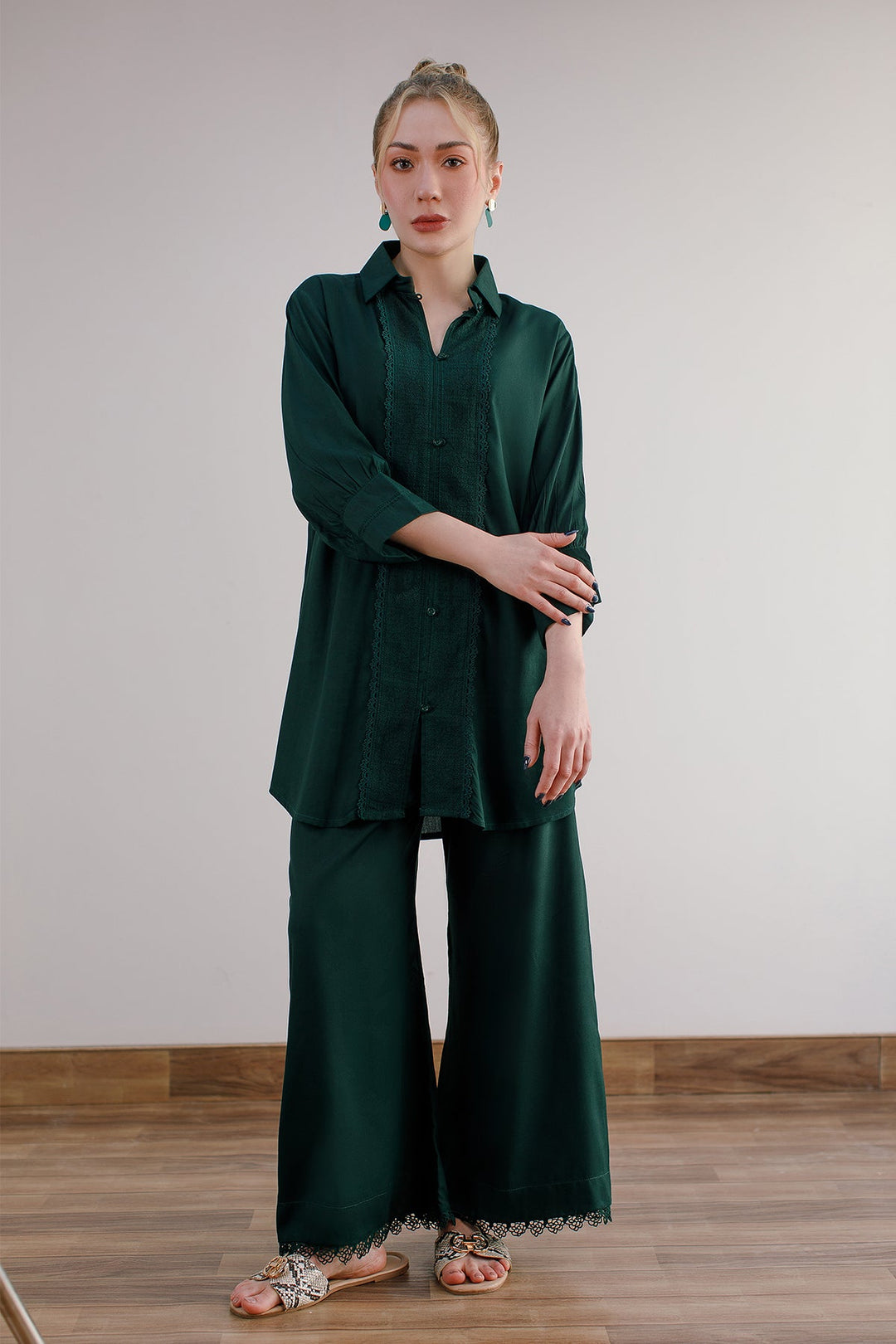 Bottle Green Linen Co Ord Set - Peach Republic