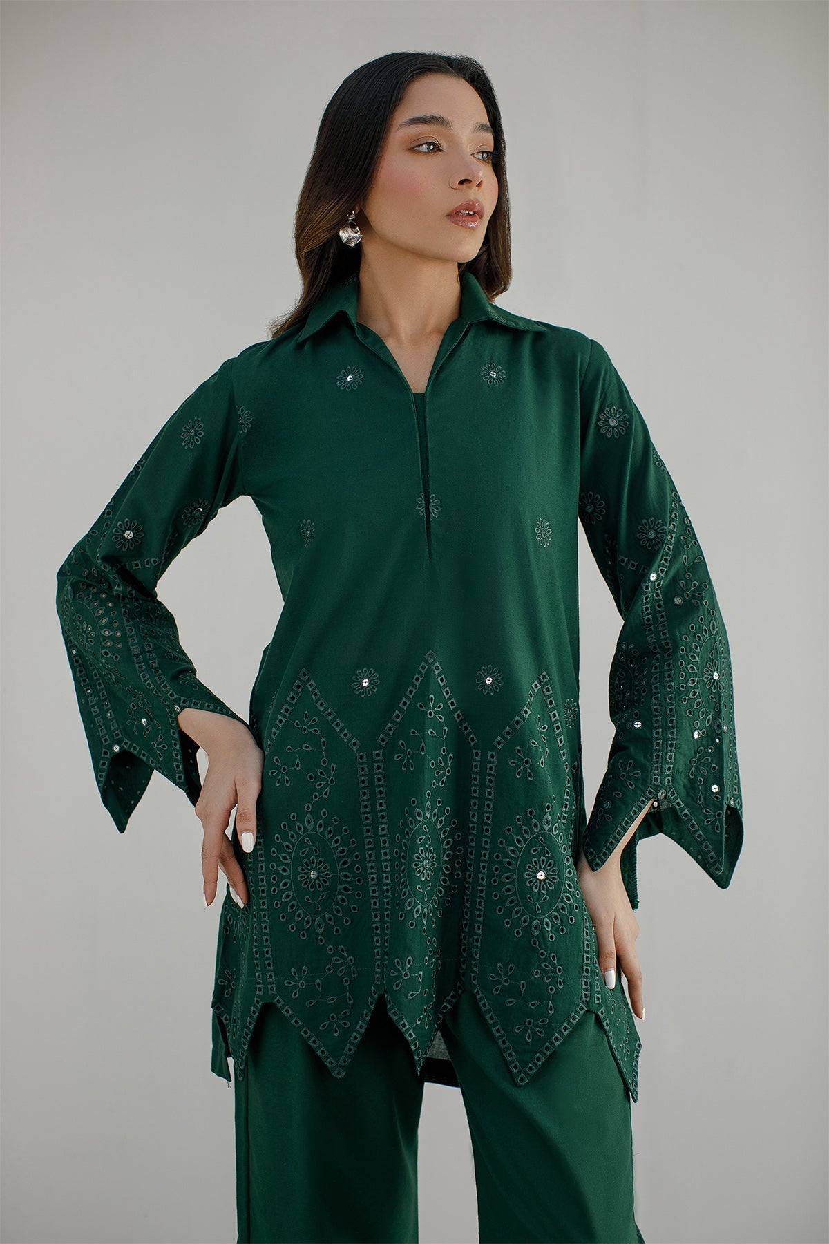 Bottle Green Schiffli Co Ord Set - Peach Republic