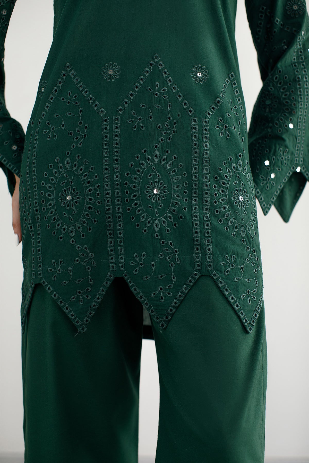 Bottle Green Schiffli Co Ord Set - Peach Republic