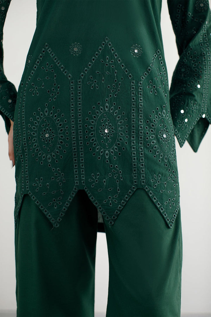 Bottle Green Schiffli Co Ord Set - Peach Republic
