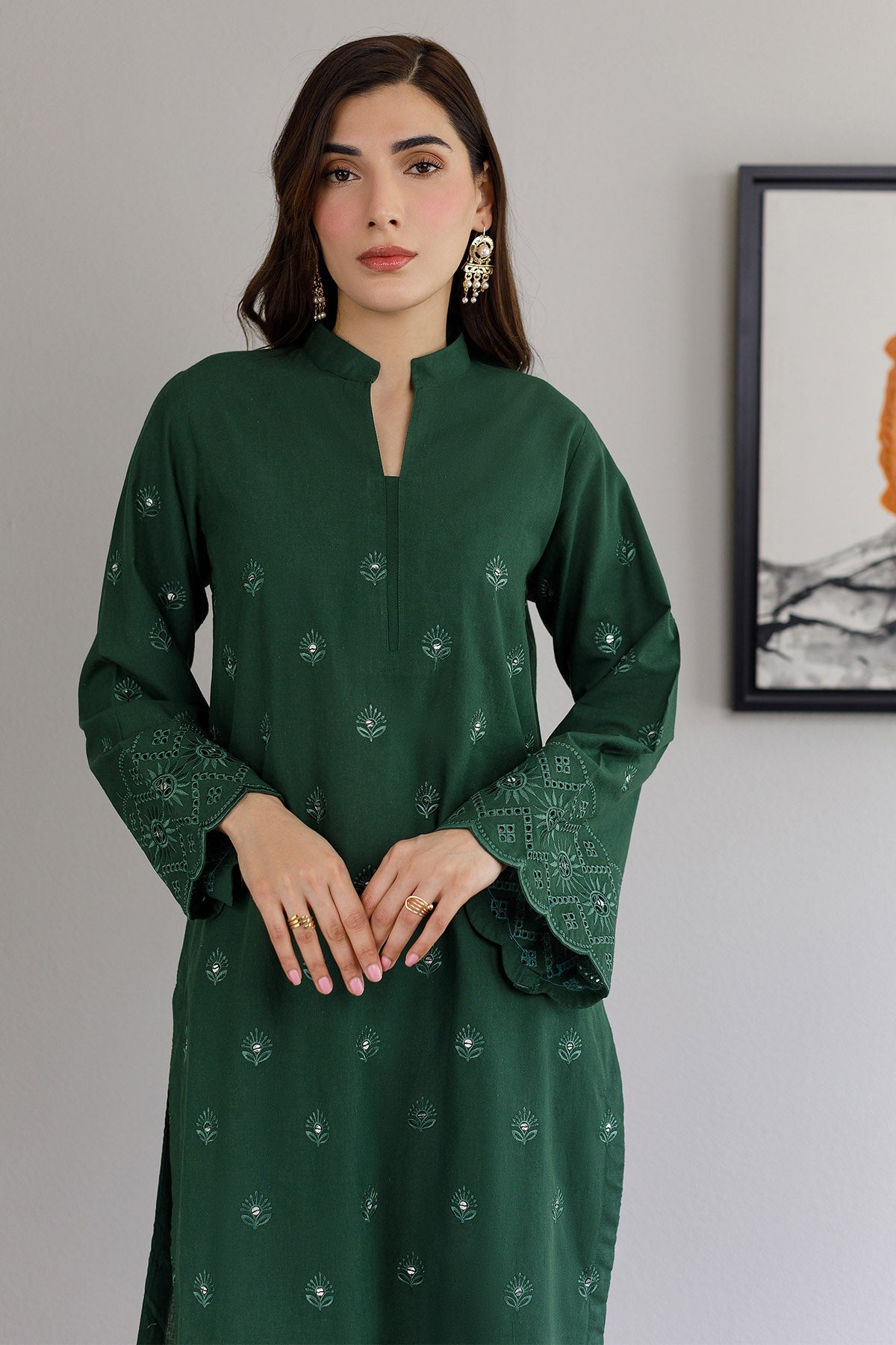 Bottle Green Schiffli Dress - Peach Republic