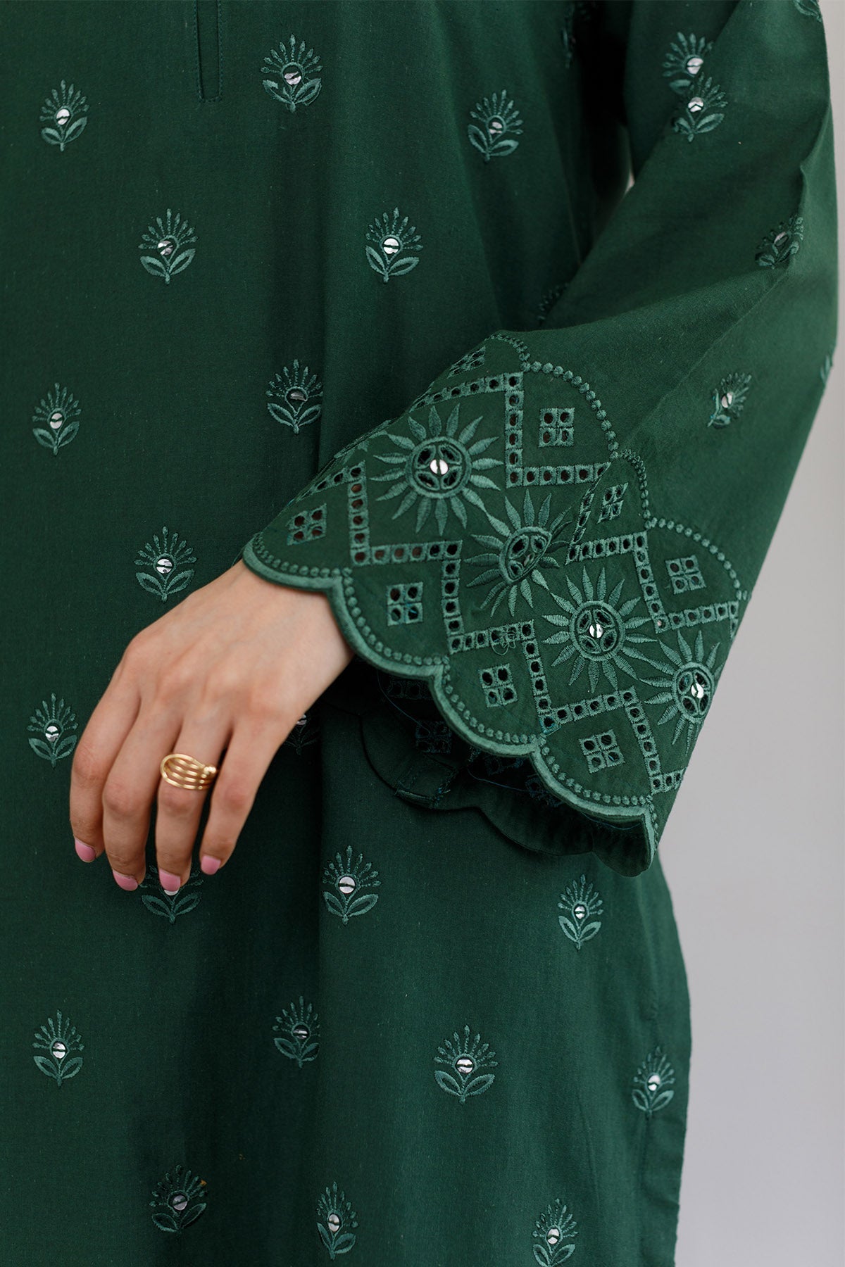 Bottle Green Schiffli Dress - Peach Republic