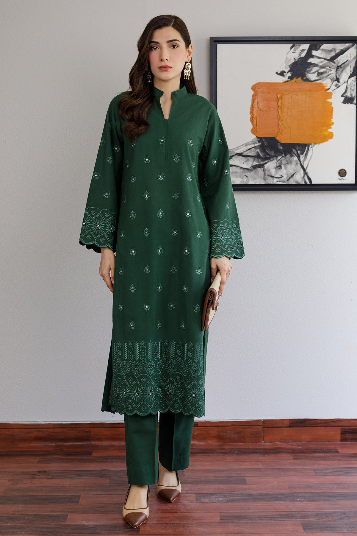 Bottle Green Schiffli Dress - Peach Republic