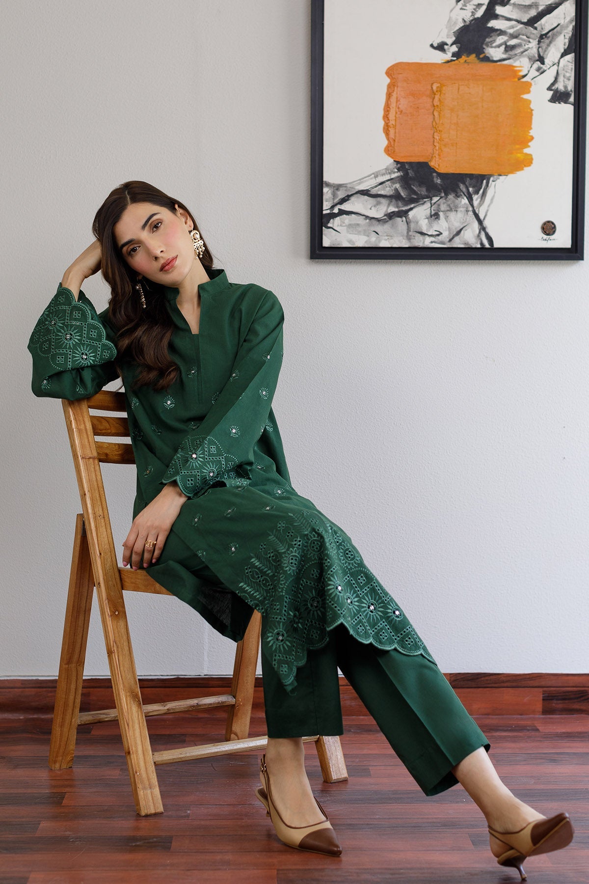 Bottle Green Schiffli Dress - Peach Republic
