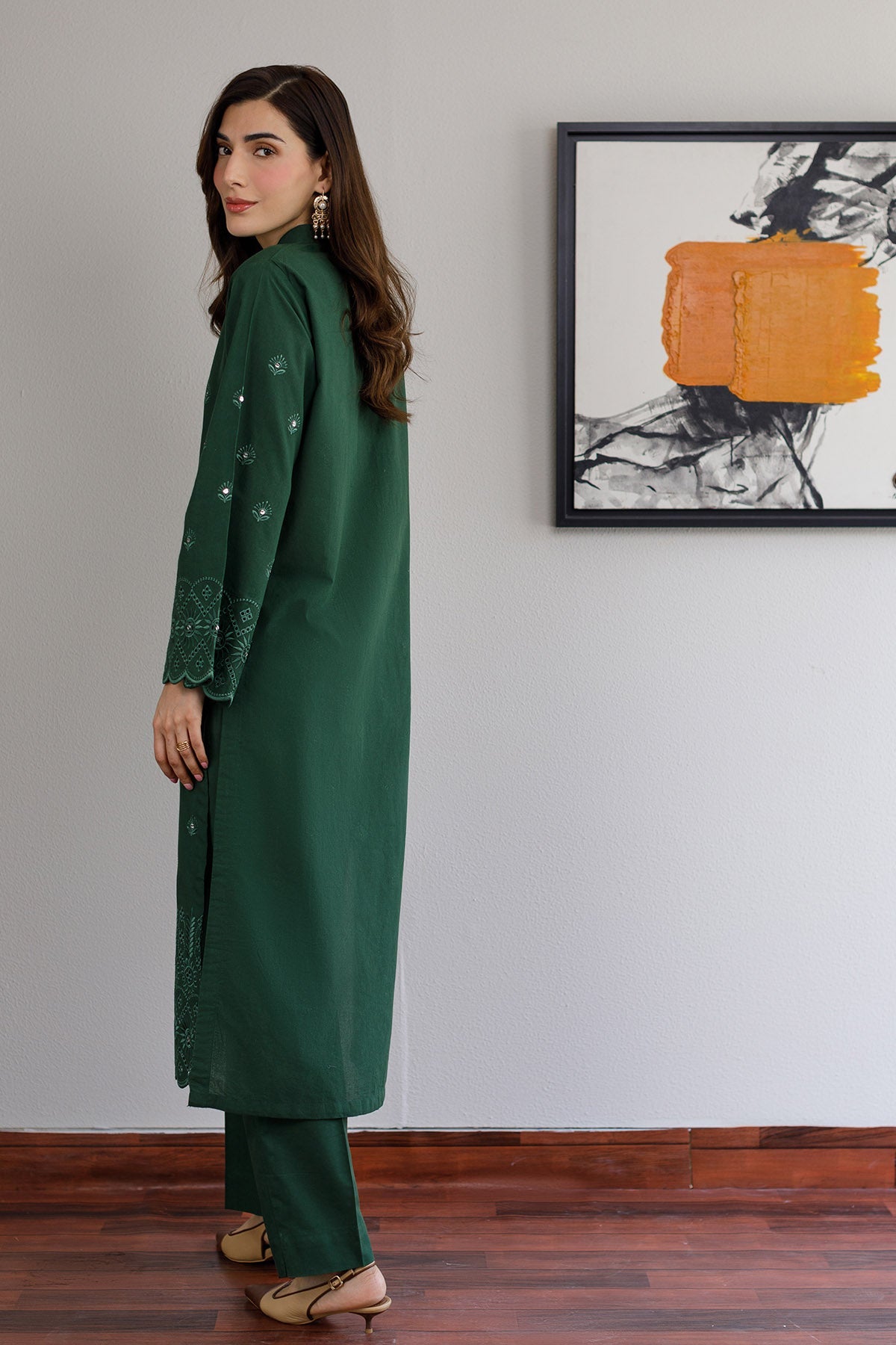 Bottle Green Schiffli Dress - Peach Republic