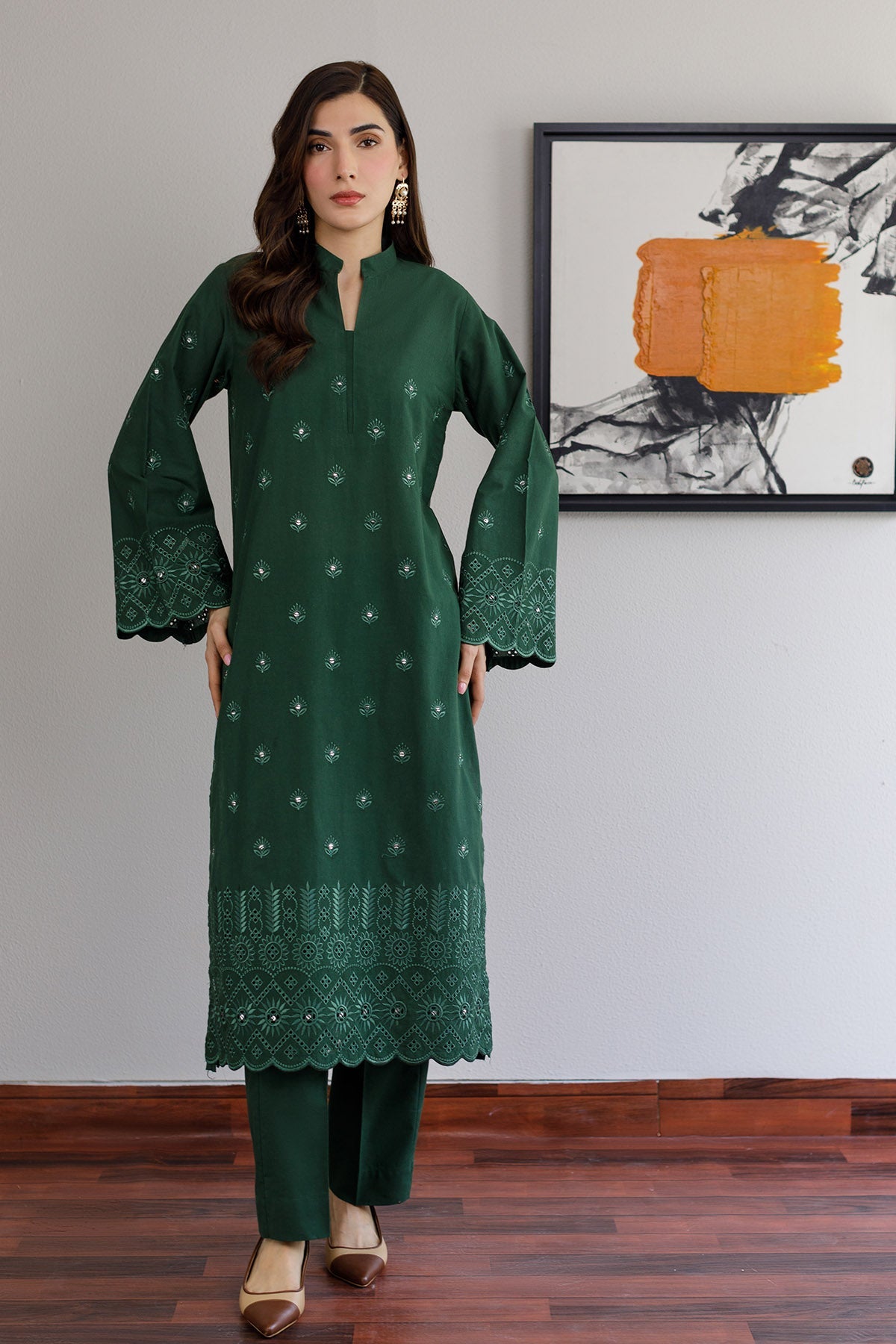 Bottle Green Schiffli Dress - Peach Republic