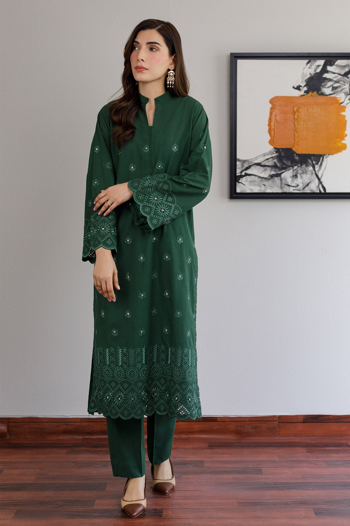 Bottle Green Schiffli Dress - Peach Republic