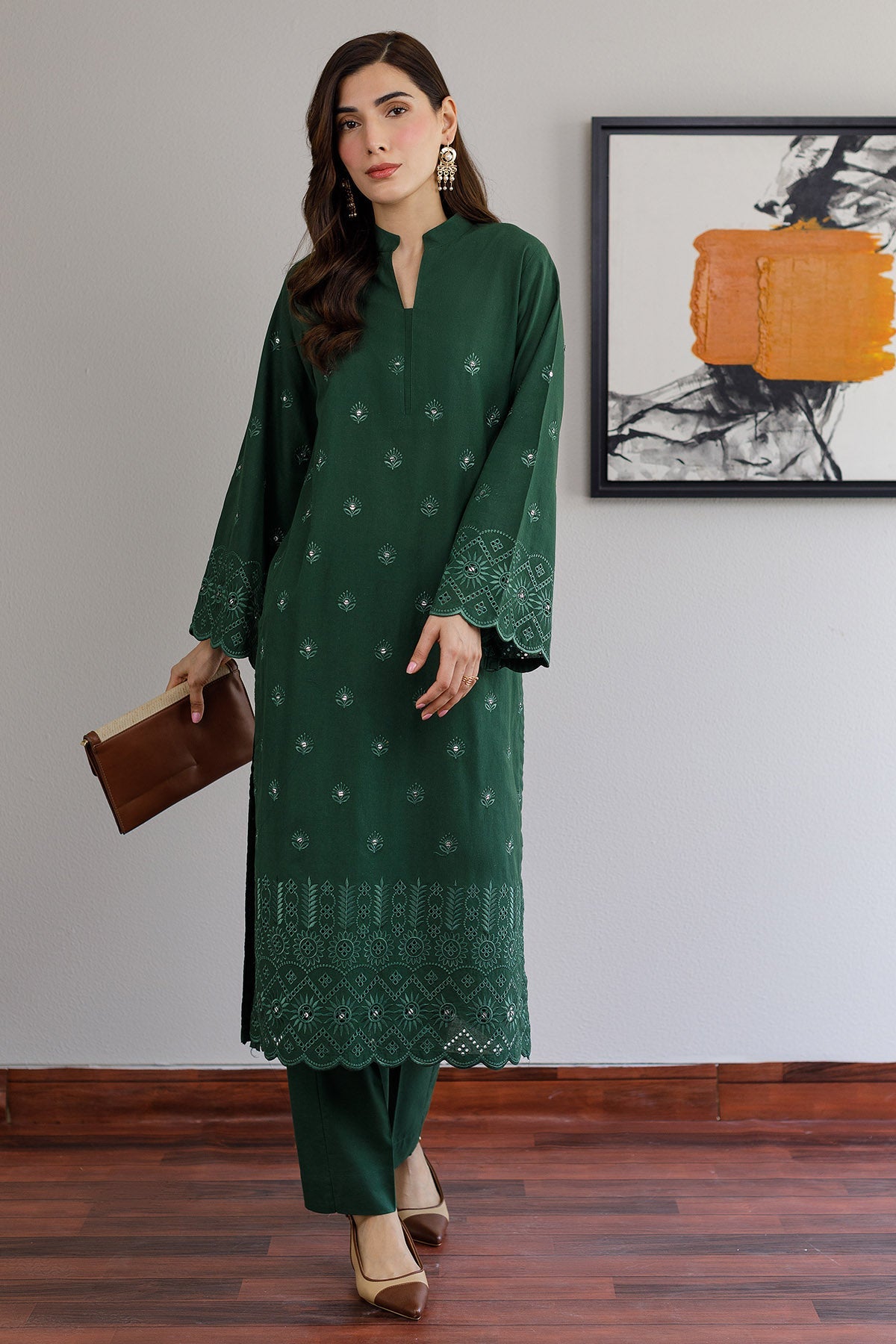 Bottle Green Schiffli Dress - Peach Republic